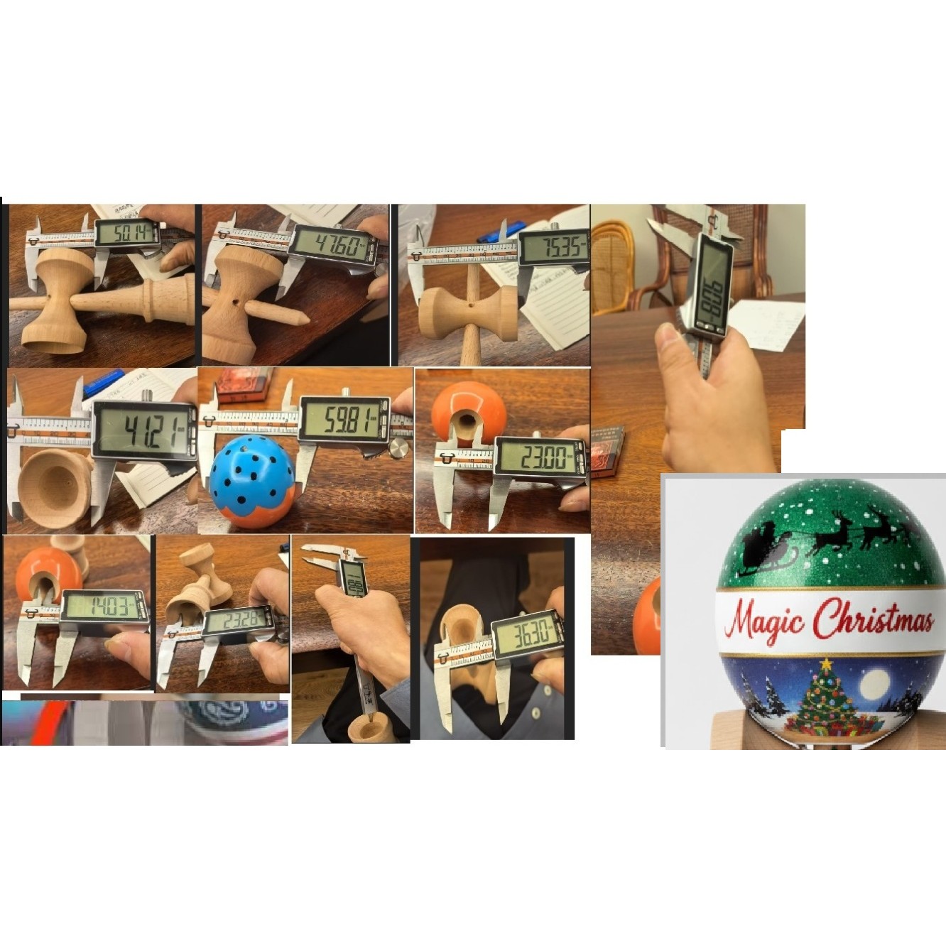 Kendama X Originala, Profesionala, Flippy, Christmas Super Sticky cu Cupe Mari V3, King Size Cups, Rulment Metalic si Gaura in Baza, din Lemn 18 cm, Ata 55 cm, Verde/Alb/Albastru Magic Christmas