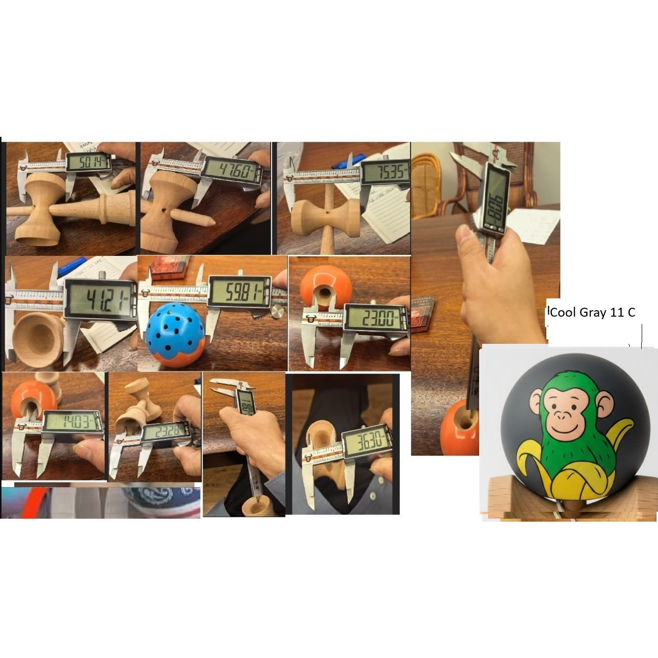 Kendama X Originala, Profesionala, Flippy, Green Monkey Super Sticky cu Cupe Mari V3, King Size Cups, Rulment Metalic si Gaura in Baza, din Lemn 18 cm, Ata 55 cm, Gri inchis