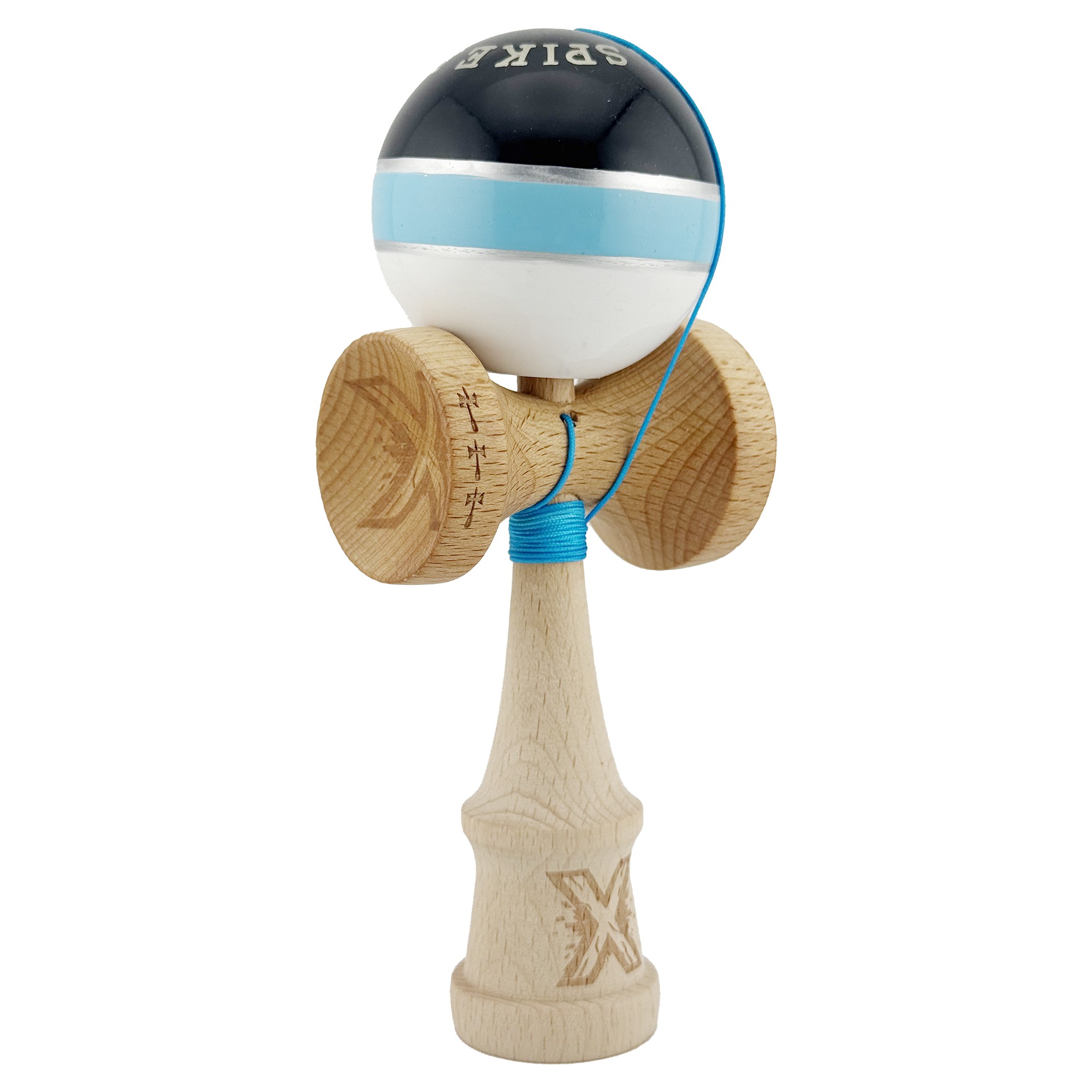 Kendama X ROYAL SPIKE Originala, Profesionala, Flippy, Big Cups V2, Super Sticky cu Cupe Mari, Rulment Metalic, din lemn 18 cm, Ata 55 cm, Negru/Albastru Silver/Alb - imagine 2