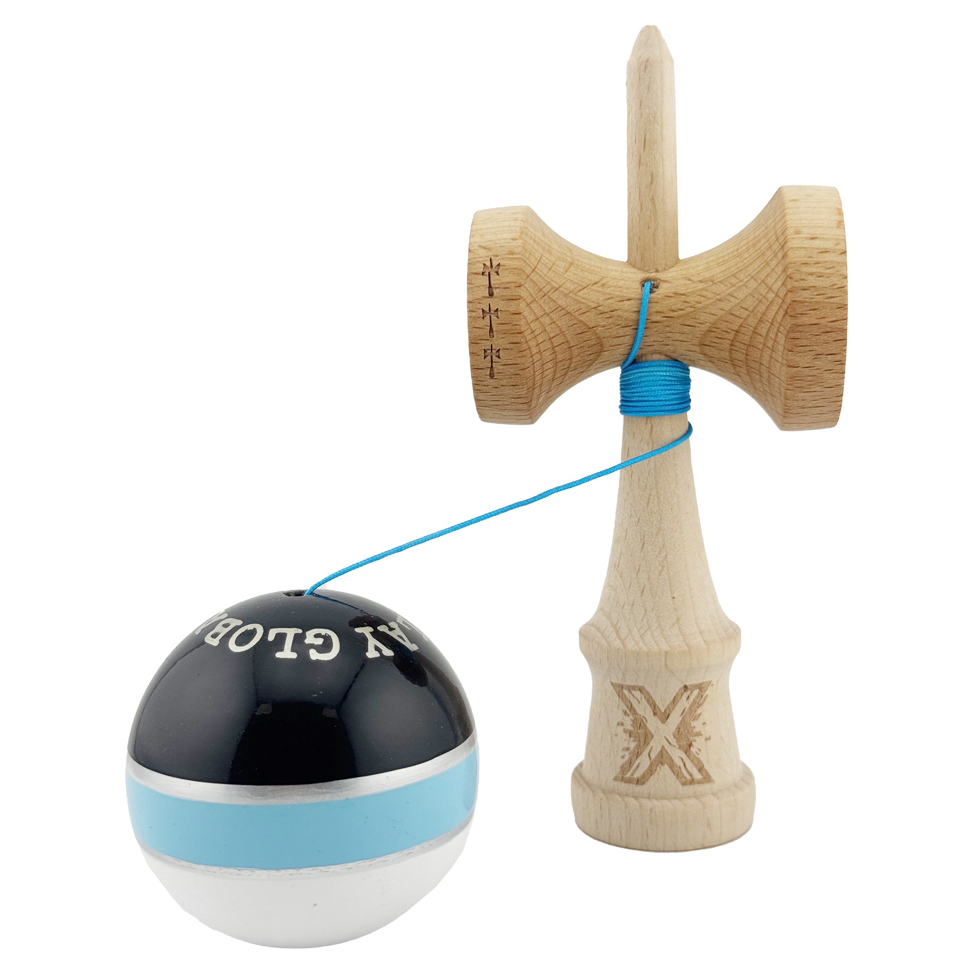 Kendama X ROYAL SPIKE Originala, Profesionala, Flippy, Big Cups V2, Super Sticky cu Cupe Mari, Rulment Metalic, din lemn 18 cm, Ata 55 cm, Negru/Albastru Silver/Alb - imagine 3