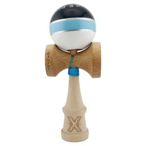 Kendama X ROYAL SPIKE Originala, Profesionala, Flippy, Big Cups V2, Super Sticky cu Cupe Mari, Rulment Metalic, din lemn 18 cm, Ata 55 cm, Negru/Albastru Silver/Alb
