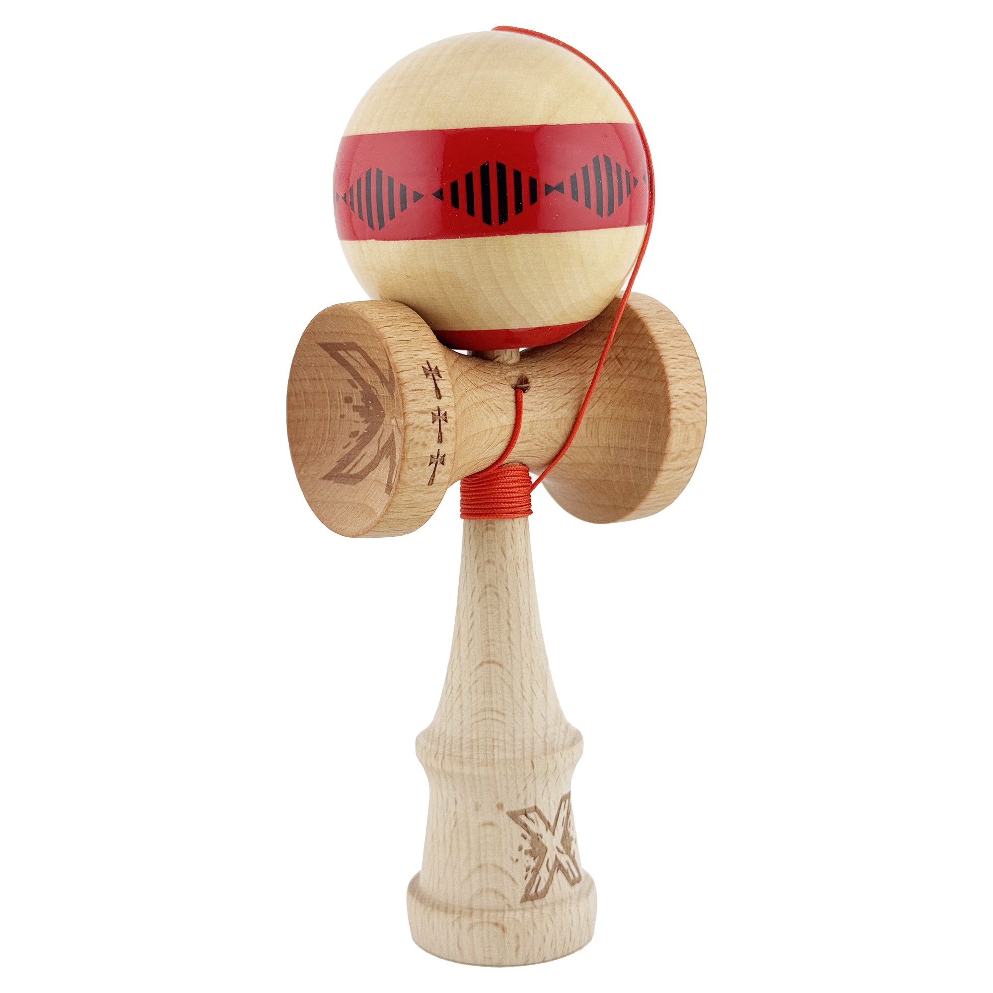 Kendama X FREQUENCY Originala, Profesionala, Flippy, Big Cups V2, Super Sticky cu Cupe Mari, Rulment Metalic, din lemn 18 cm, Ata 55 cm, Rosu/Maro - imagine 2
