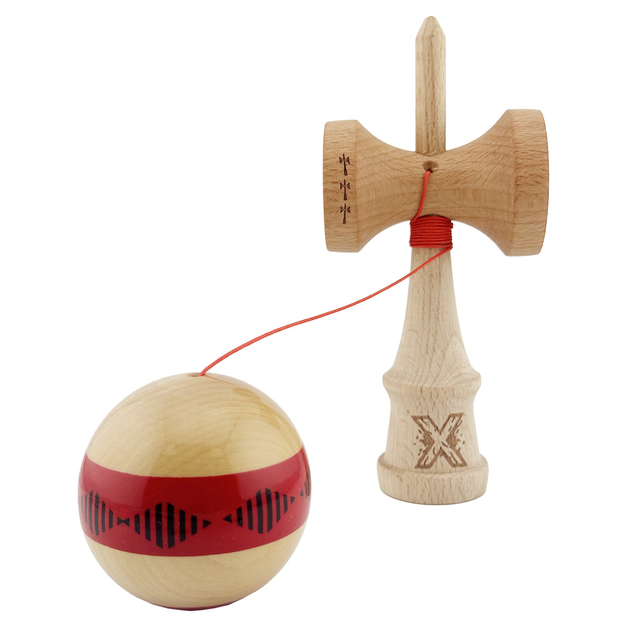 Kendama X FREQUENCY Originala, Profesionala, Flippy, Big Cups V2, Super Sticky cu Cupe Mari, Rulment Metalic, din lemn 18 cm, Ata 55 cm, Rosu/Maro - imagine 3