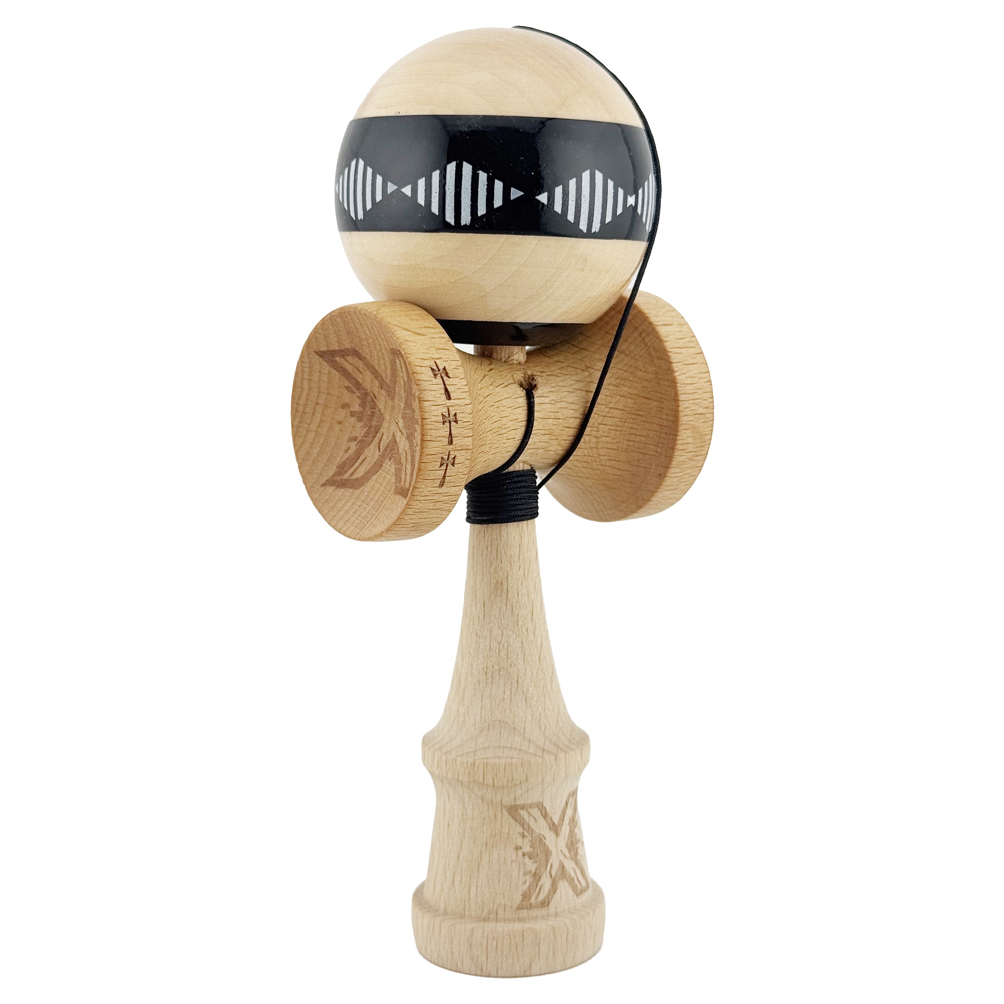 Kendama X FREQUENCY Originala, Profesionala, Flippy, Big Cups V2, Super Sticky cu Cupe Mari, Rulment Metalic, din lemn 18 cm, Ata 55 cm, Negru/Maro - imagine 2