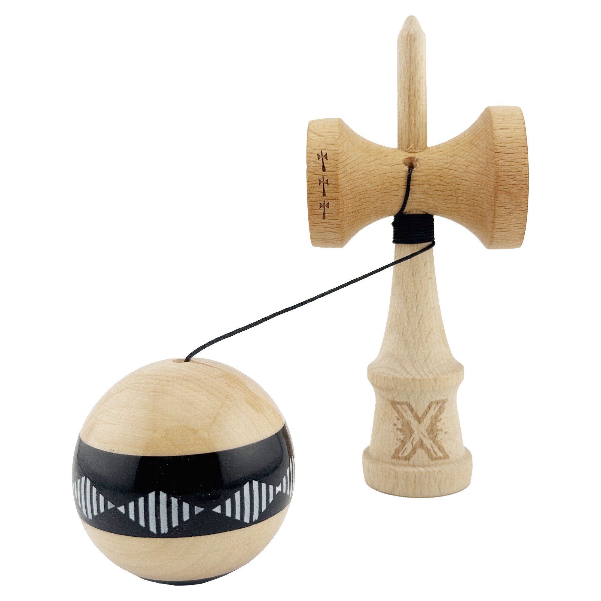 Kendama X FREQUENCY Originala, Profesionala, Flippy, Big Cups V2, Super Sticky cu Cupe Mari, Rulment Metalic, din lemn 18 cm, Ata 55 cm, Negru/Maro - imagine 3
