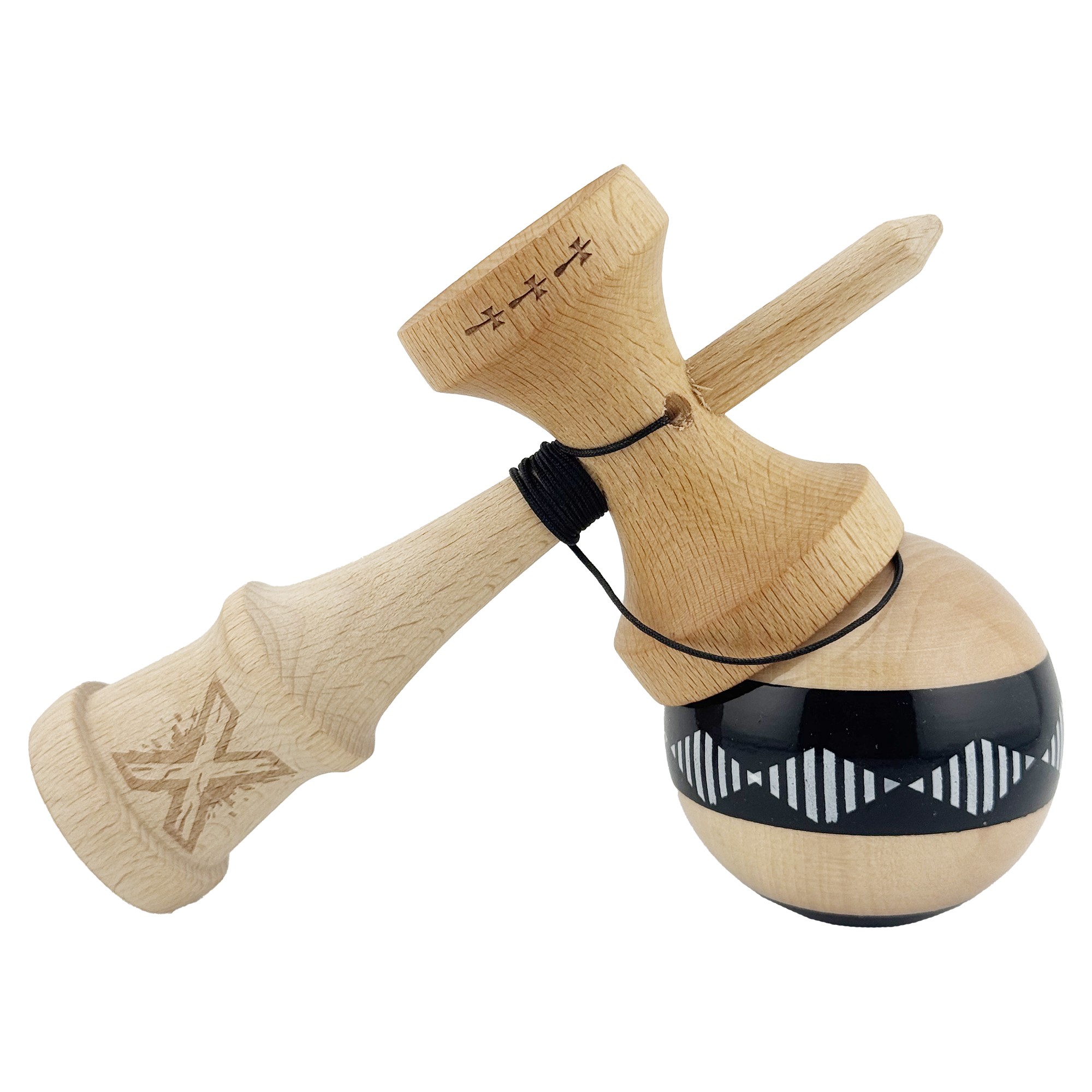 Kendama X FREQUENCY Originala, Profesionala, Flippy, Big Cups V2, Super Sticky cu Cupe Mari, Rulment Metalic, din lemn 18 cm, Ata 55 cm, Negru/Maro - imagine 4