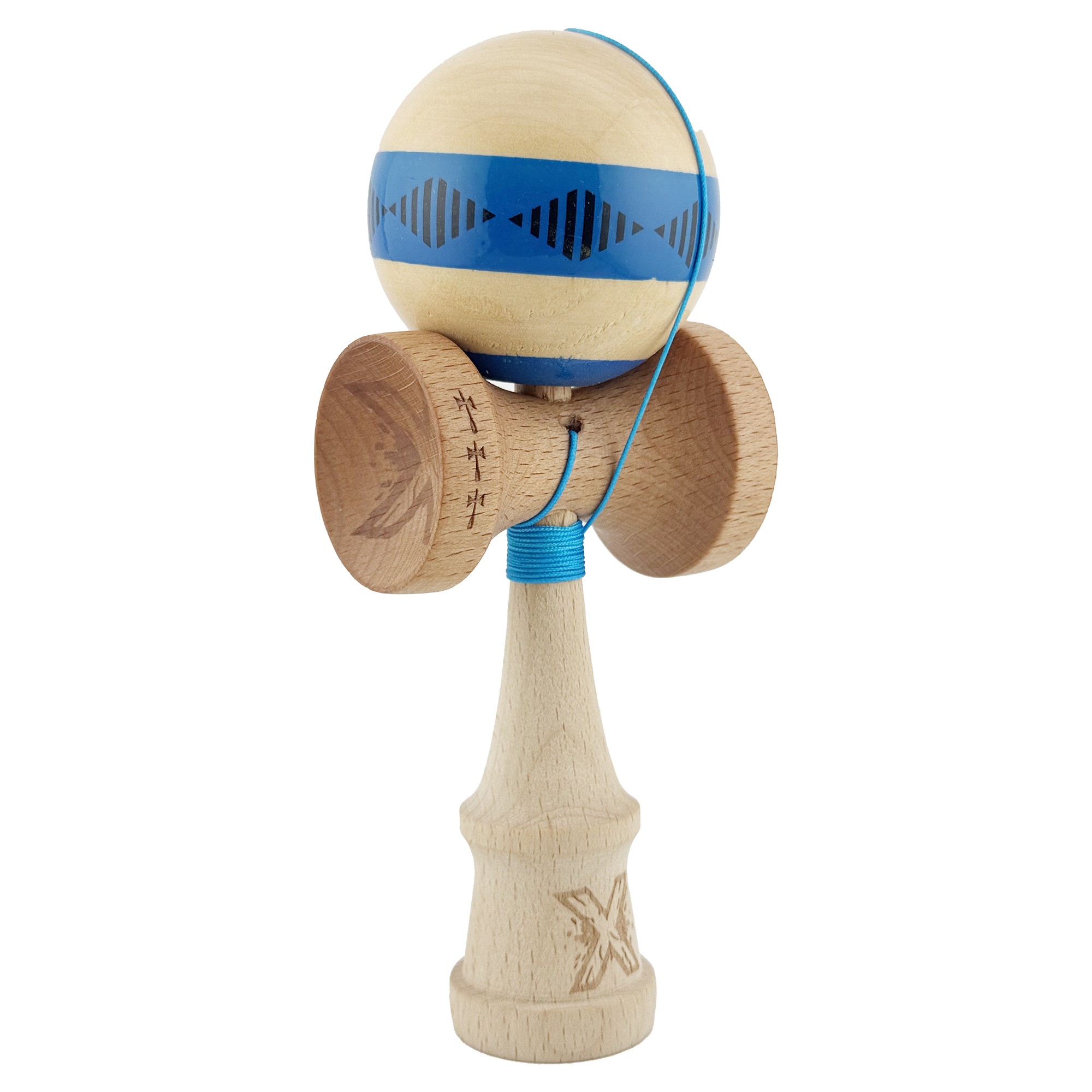 Kendama X FREQUENCY Originala, Profesionala, Flippy, Big Cups V2, Super Sticky cu Cupe Mari, Rulment Metalic, din lemn 18 cm, Ata 55 cm, Albastru/Maro - imagine 2