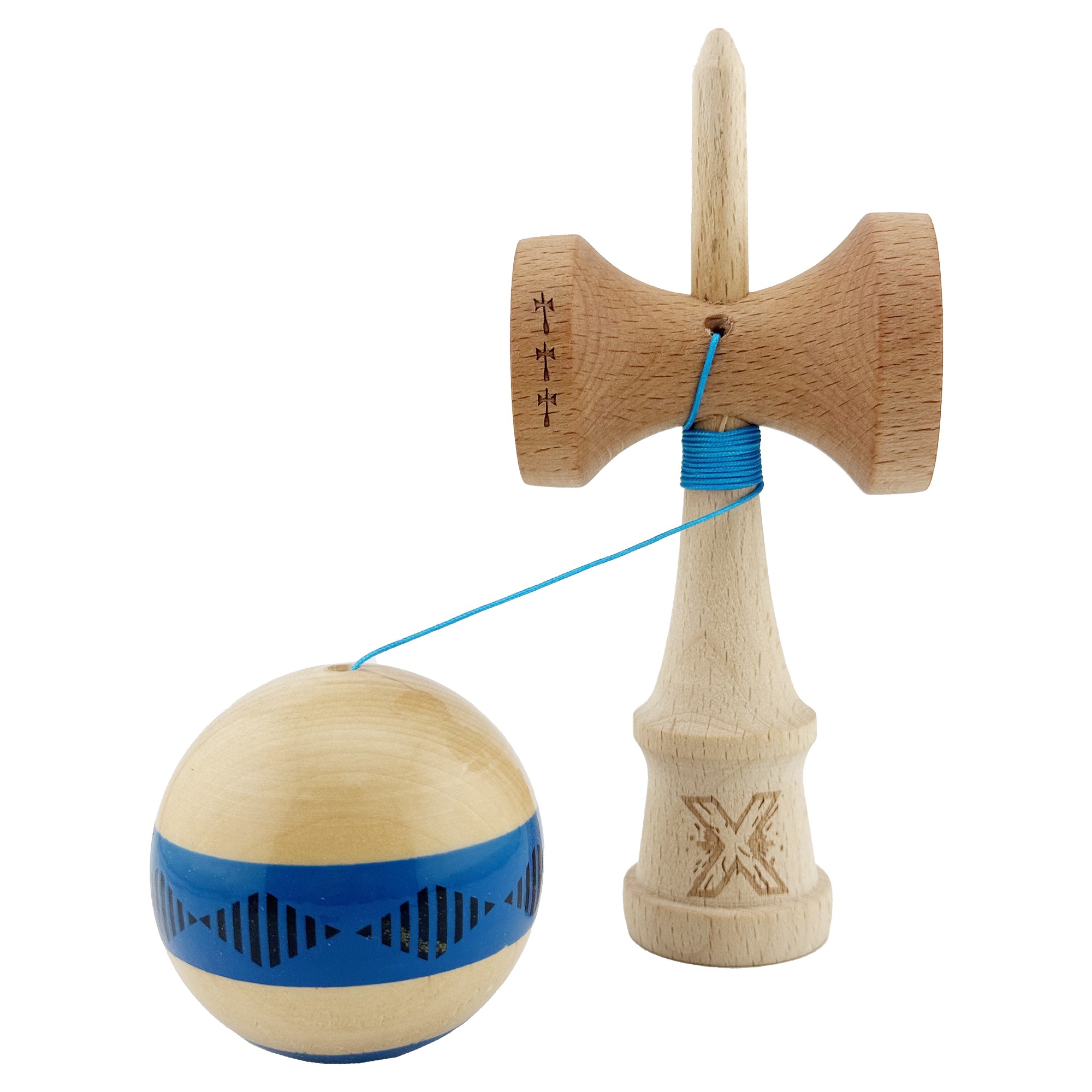 Kendama X FREQUENCY Originala, Profesionala, Flippy, Big Cups V2, Super Sticky cu Cupe Mari, Rulment Metalic, din lemn 18 cm, Ata 55 cm, Albastru/Maro - imagine 3