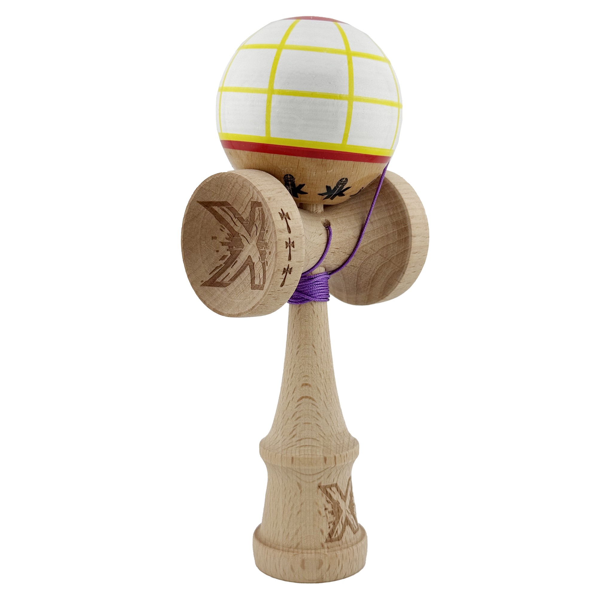 Kendama X Originala, Profesionala, Flippy, Big Cups V2, Model Glob Super Sticky Legendary Cupe Mari, Rulment Metalic cu Ata 55 cm, Alb/Galben/Rosu - imagine 2