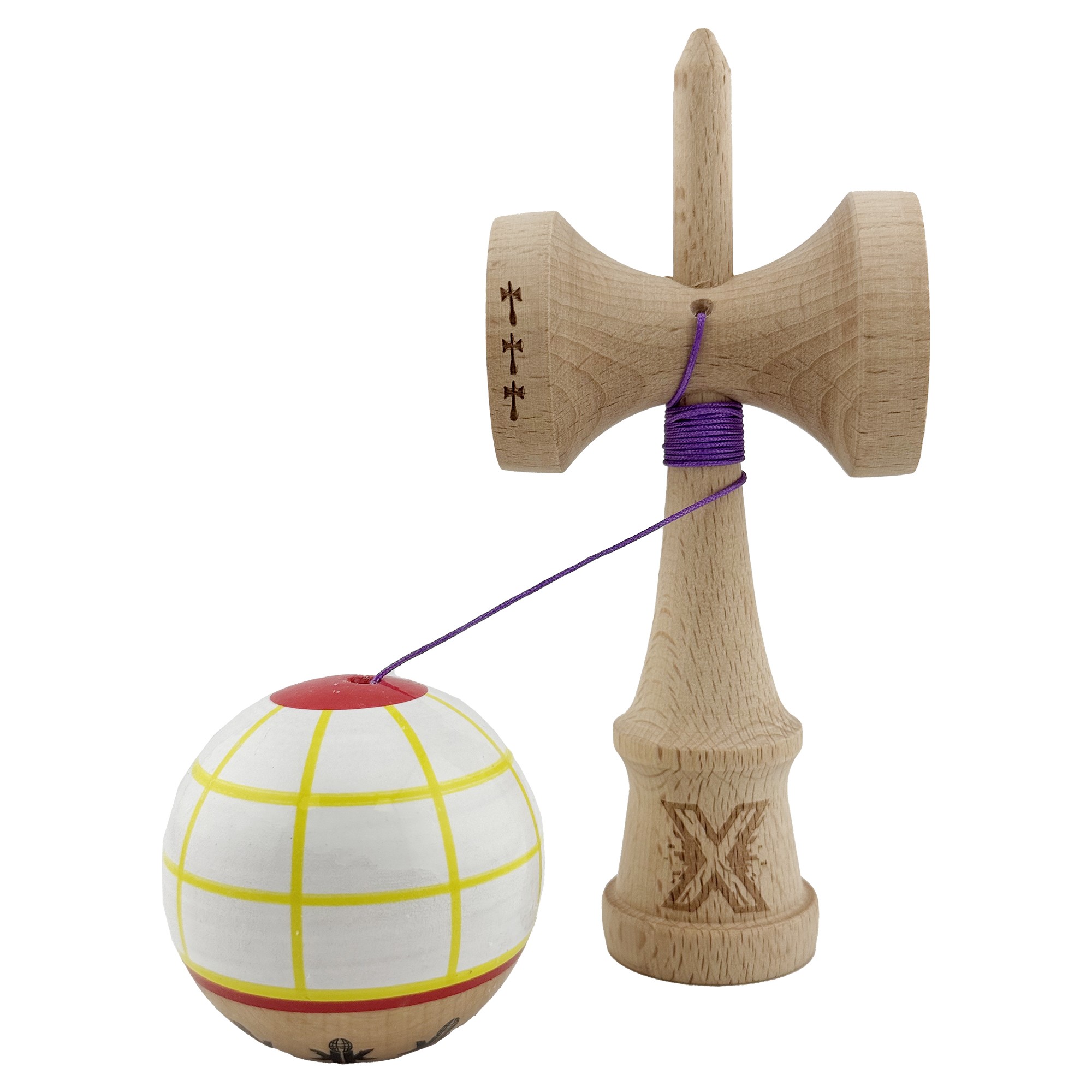 Kendama X Originala, Profesionala, Flippy, Big Cups V2, Model Glob Super Sticky Legendary Cupe Mari, Rulment Metalic cu Ata 55 cm, Alb/Galben/Rosu - imagine 3
