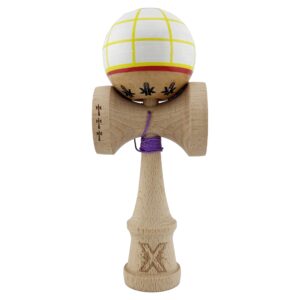 Kendama X Originala, Profesionala, Flippy, Big Cups V2, Model Glob Super Sticky Legendary Cupe Mari, Rulment Metalic cu Ata 55 cm, Alb/Galben/Rosu