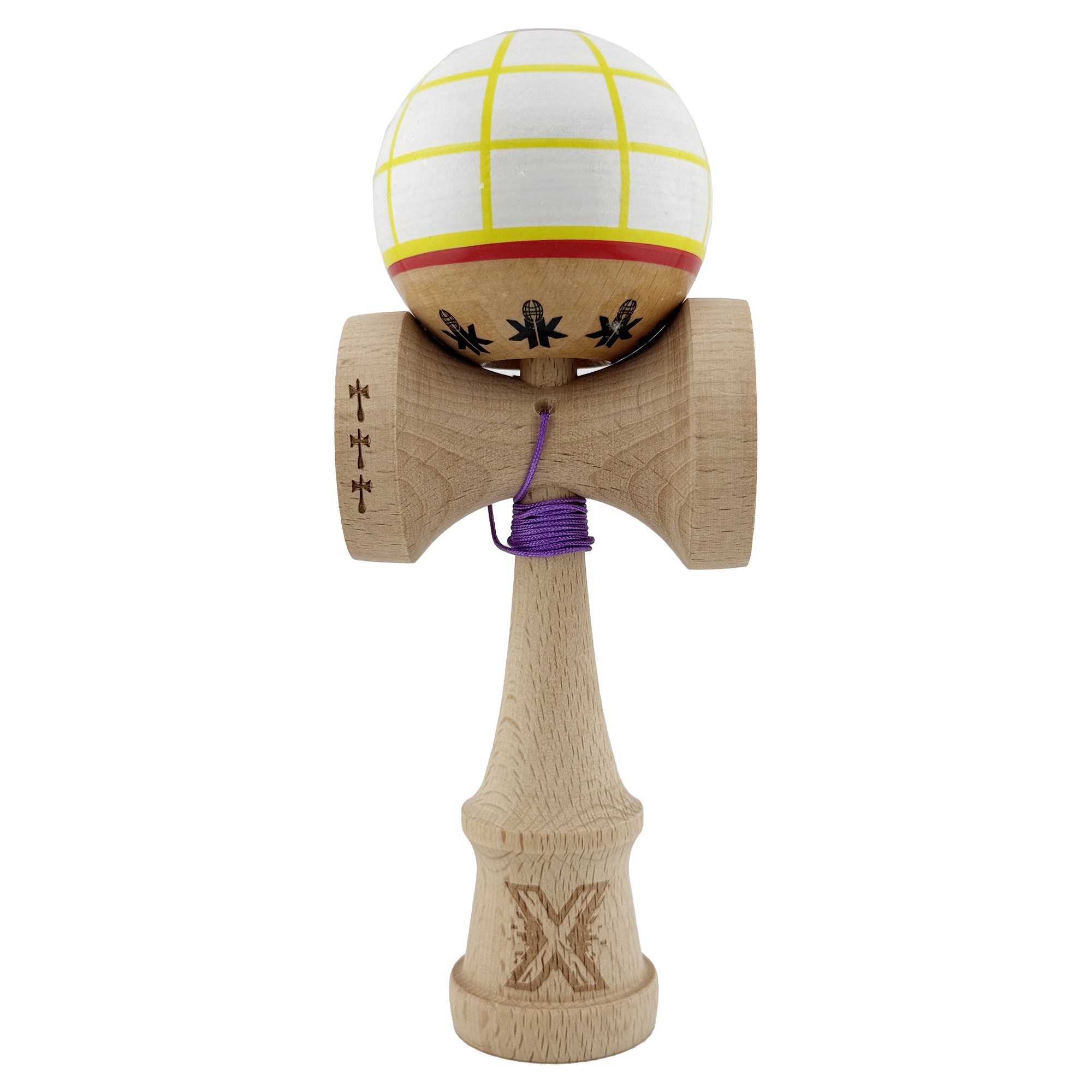 Kendama X Originala, Profesionala, Flippy, Big Cups V2, Model Glob Super Sticky Legendary Cupe Mari, Rulment Metalic cu Ata 55 cm, Alb/Galben/Rosu