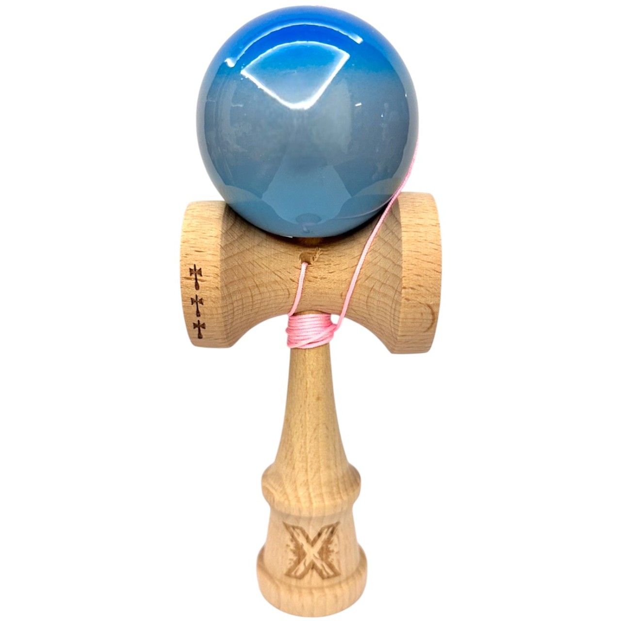 Kendama X Originala, Profesionala, Flippy Big Cups V2, Super Sticky din Lemn, 18 cm, Gradient Albastru/Gri/Bleu