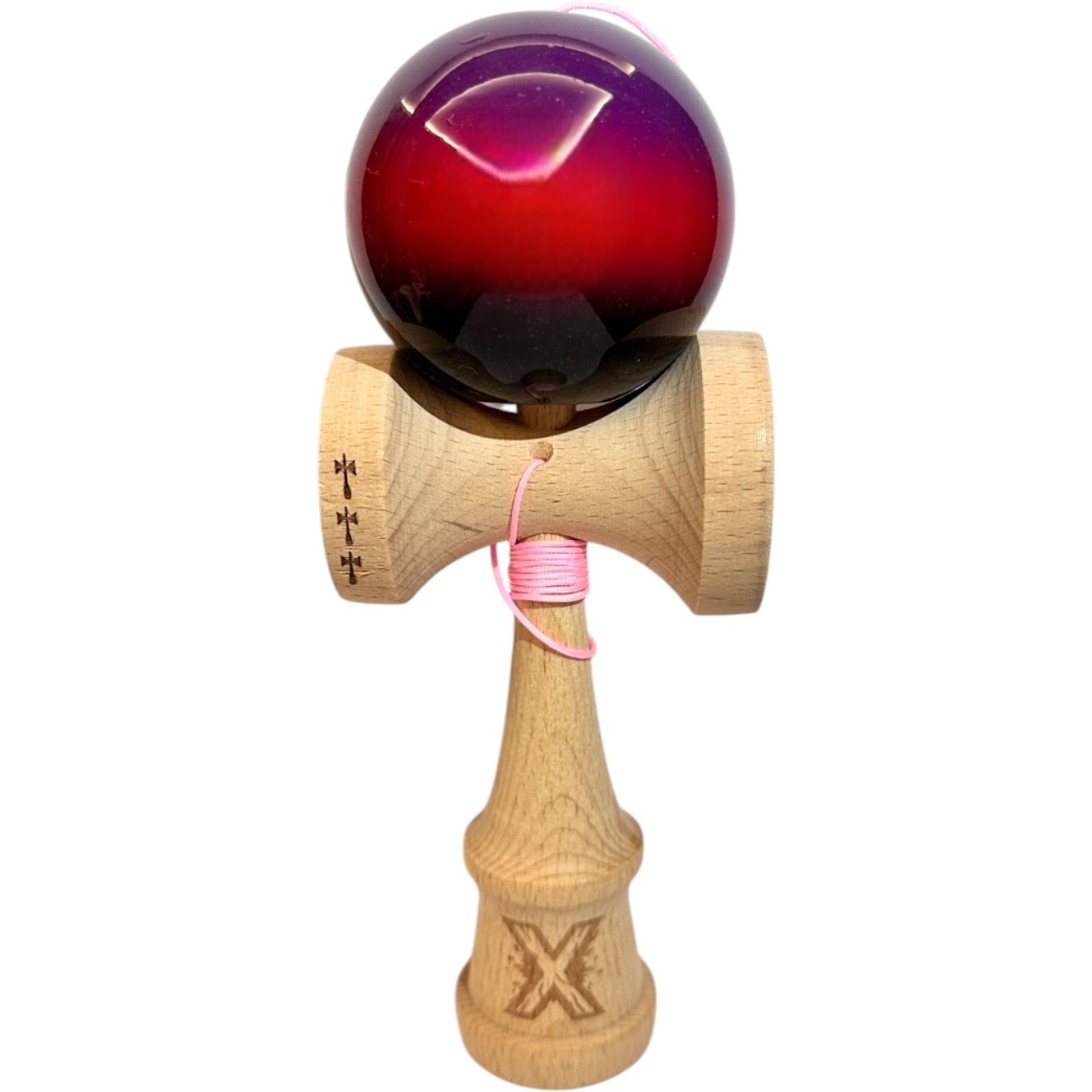 Kendama X Originala, Profesionala, Flippy Big Cups V2, Super Sticky din Lemn, 18 cm, Gradient Mov/Rosu/Negru