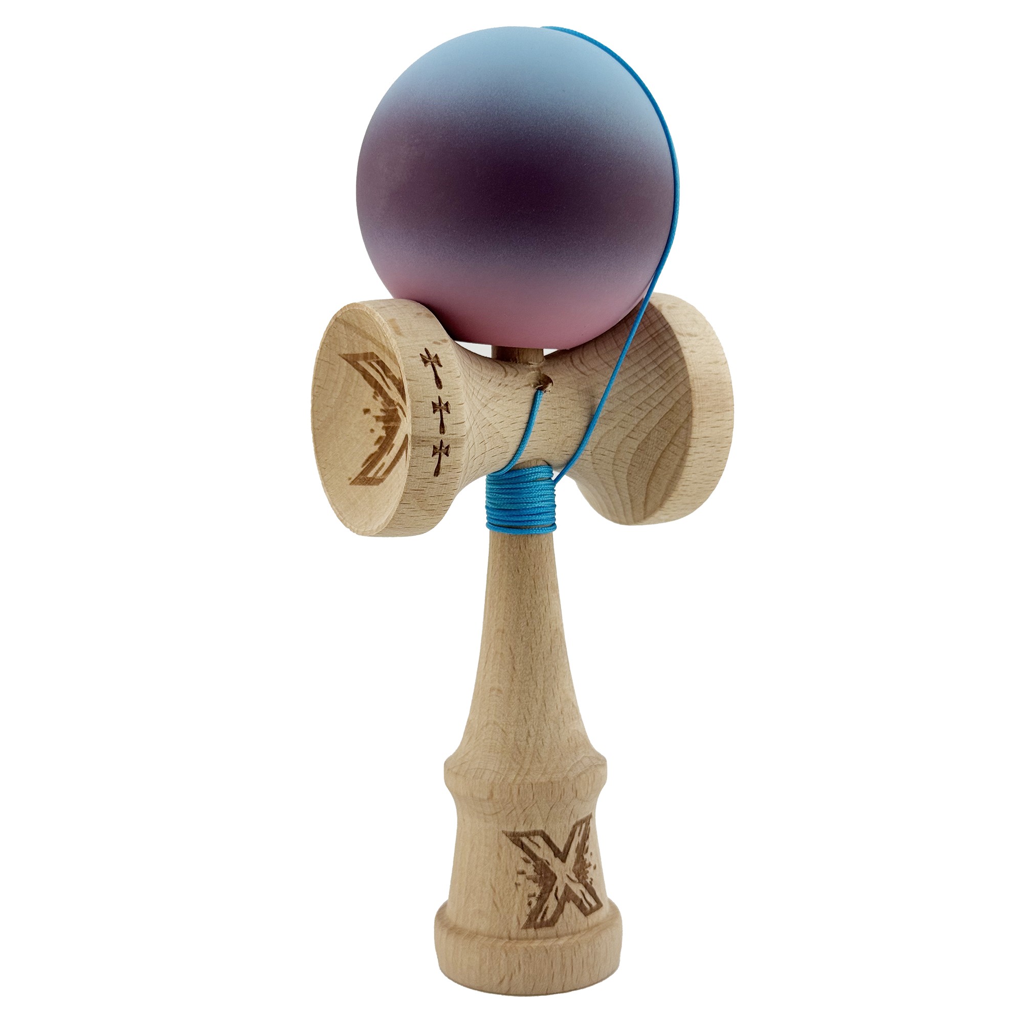 Kendama X Originala, Profesionala, Flippy, Big Cups V2, Rubber Grip cu Cupe Mari, Rulment Metalic cu Ata 55 cm, Gradient Albastru/Mov/Roz - imagine 2
