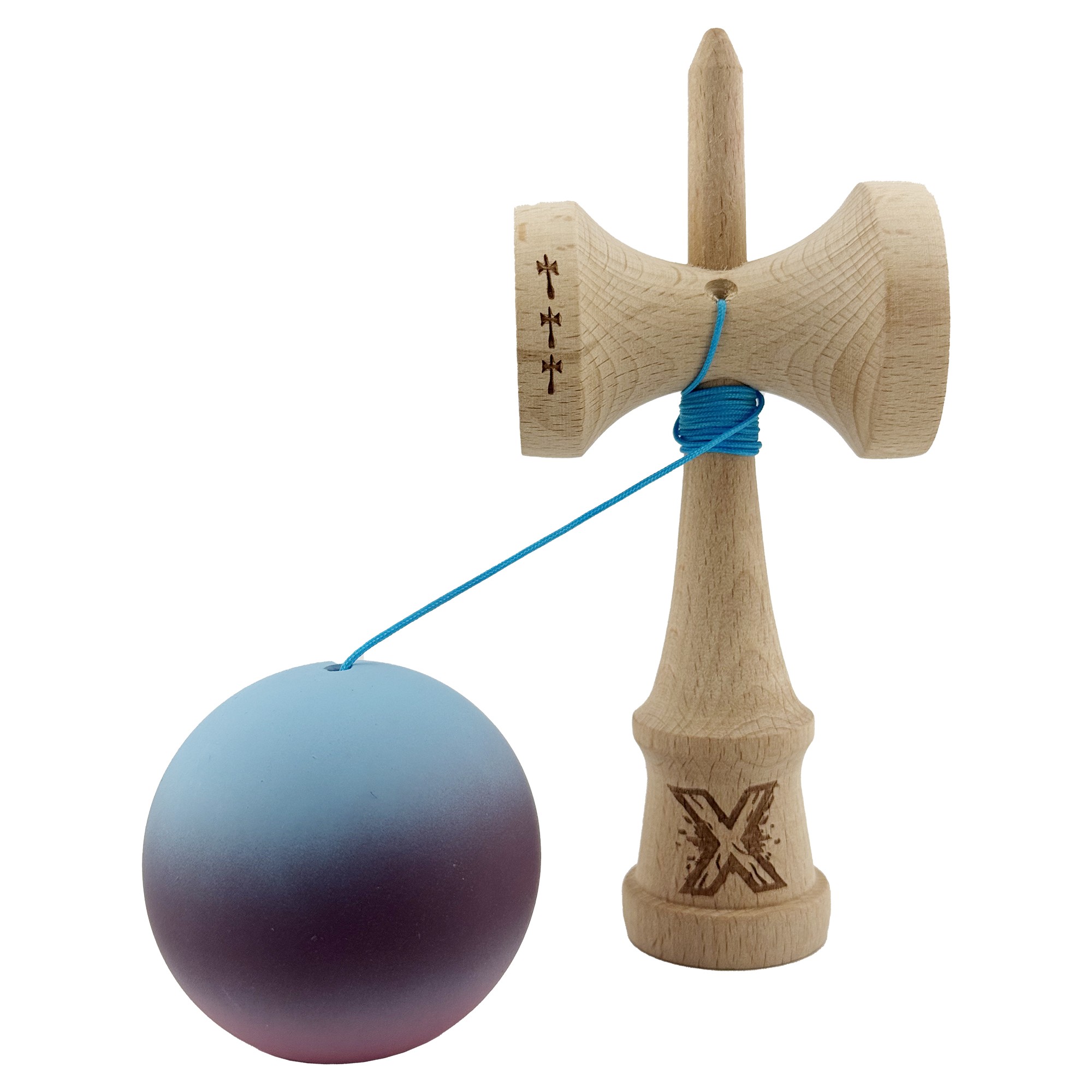 Kendama X Originala, Profesionala, Flippy, Big Cups V2, Rubber Grip cu Cupe Mari, Rulment Metalic cu Ata 55 cm, Gradient Albastru/Mov/Roz - imagine 3