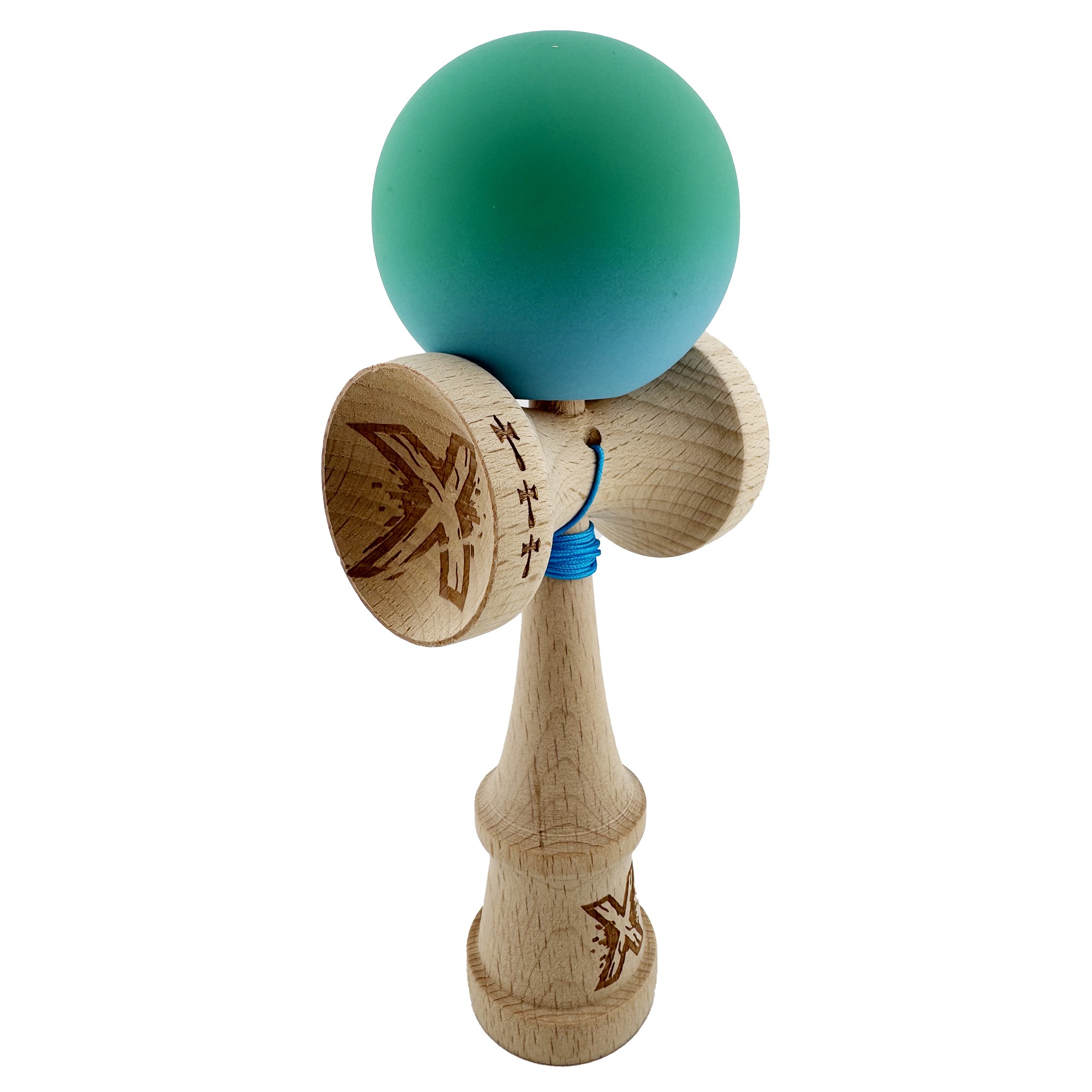 Kendama X Originala, Profesionala, Flippy, Big Cups V2, Rubber Grip cu Cupe Mari, Rulment Metalic cu Ata 55 cm, Verde/Albastru - imagine 2