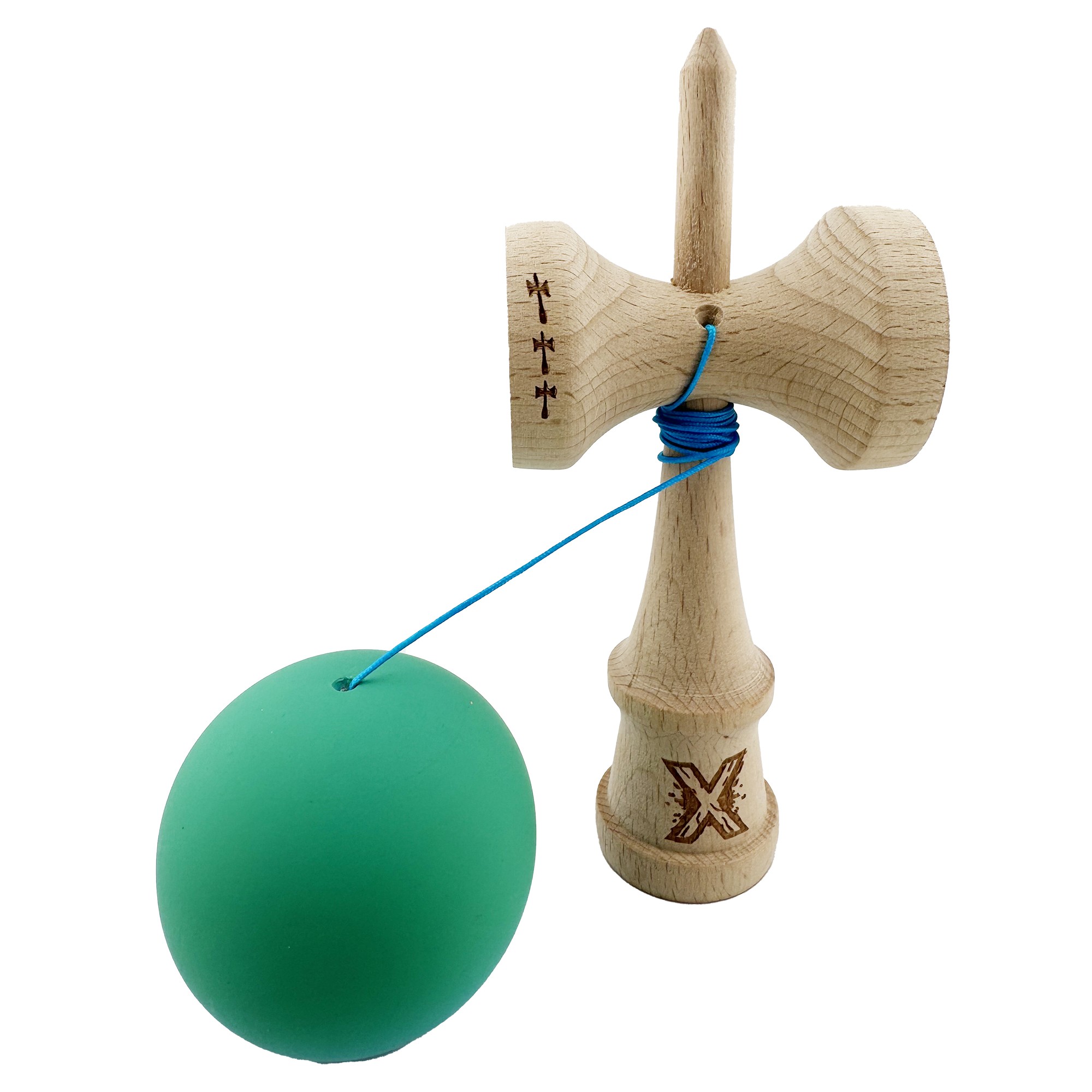 Kendama X Originala, Profesionala, Flippy, Big Cups V2, Rubber Grip cu Cupe Mari, Rulment Metalic cu Ata 55 cm, Verde/Albastru - imagine 3