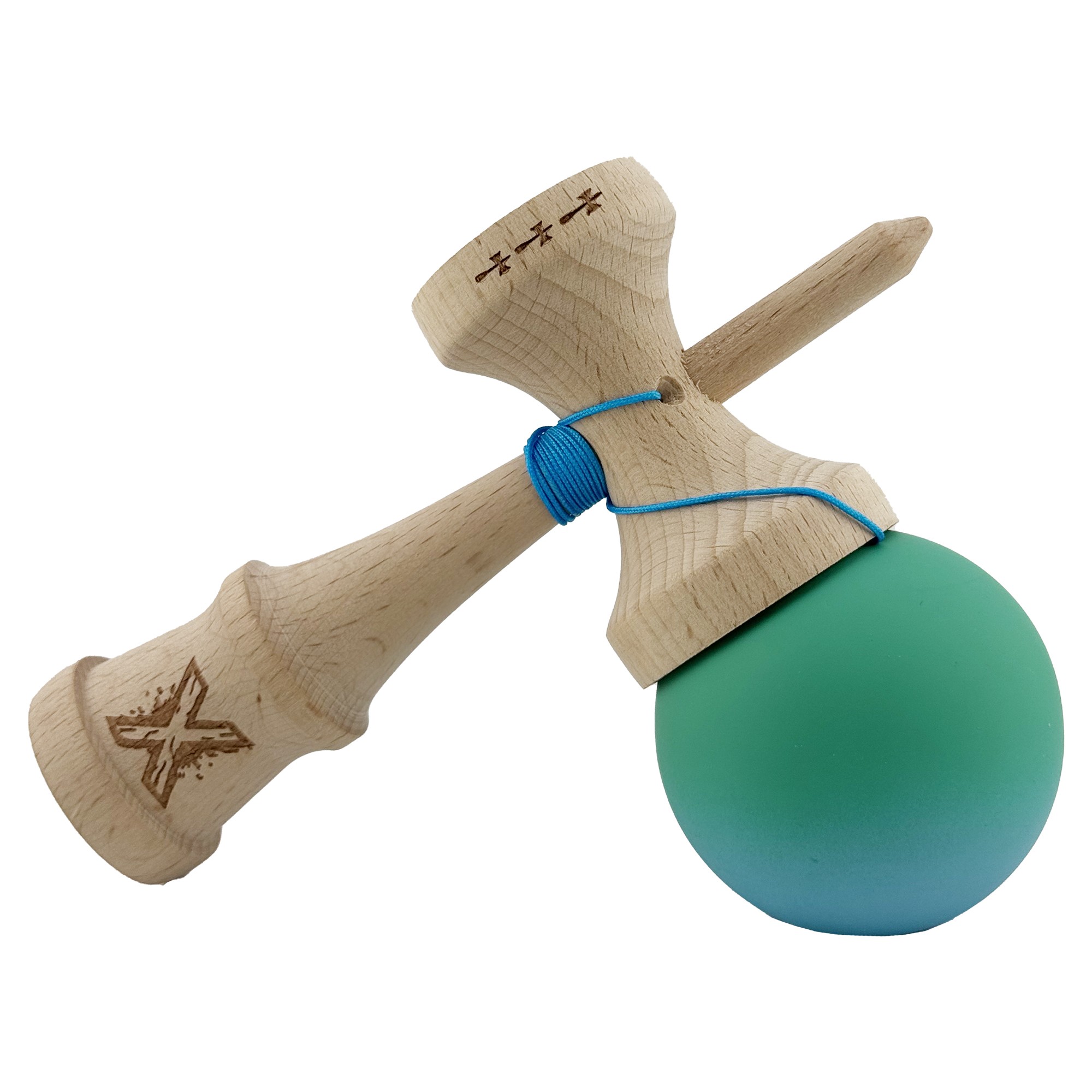 Kendama X Originala, Profesionala, Flippy, Big Cups V2, Rubber Grip cu Cupe Mari, Rulment Metalic cu Ata 55 cm, Verde/Albastru - imagine 4