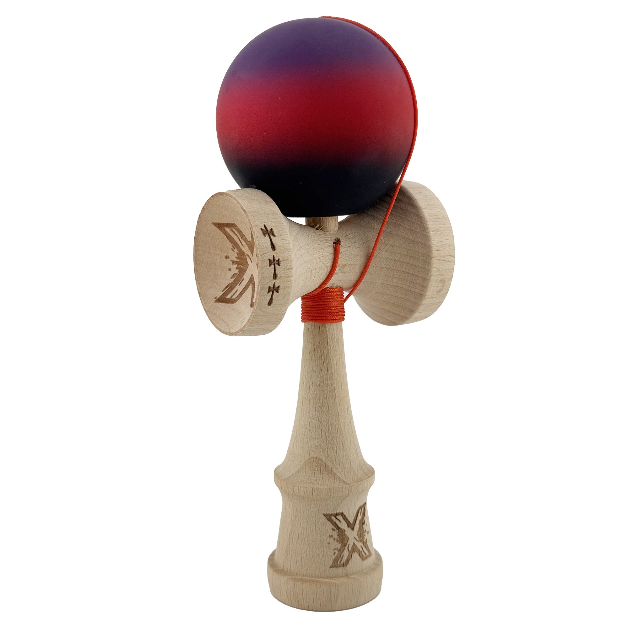 Kendama X Originala, Profesionala, Flippy, Big Cups V2, Rubber Grip cu Cupe Mari, Rulment Metalic cu Ata 55 cm, Mov/Rosu/Negru - imagine 2