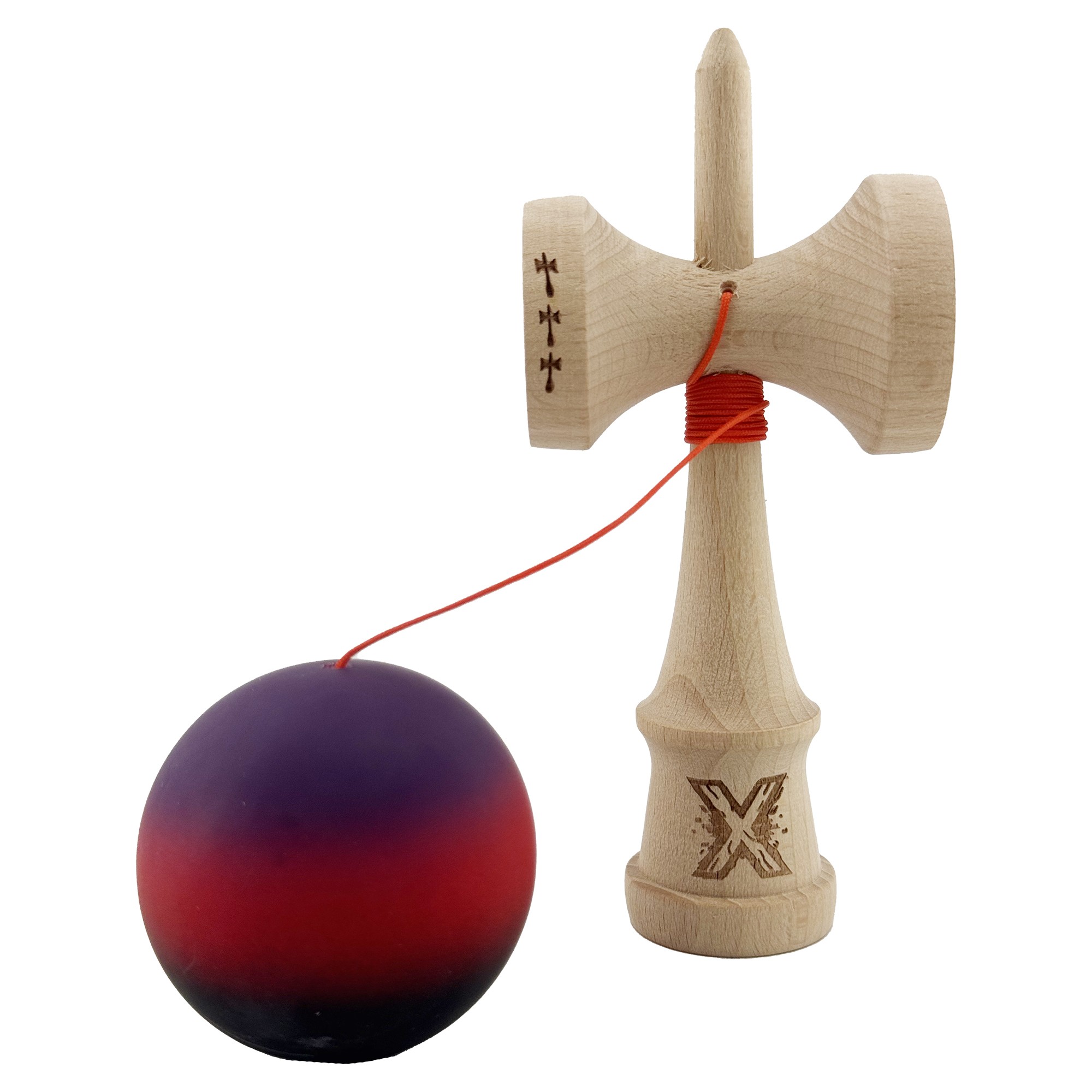 Kendama X Originala, Profesionala, Flippy, Big Cups V2, Rubber Grip cu Cupe Mari, Rulment Metalic cu Ata 55 cm, Mov/Rosu/Negru - imagine 3
