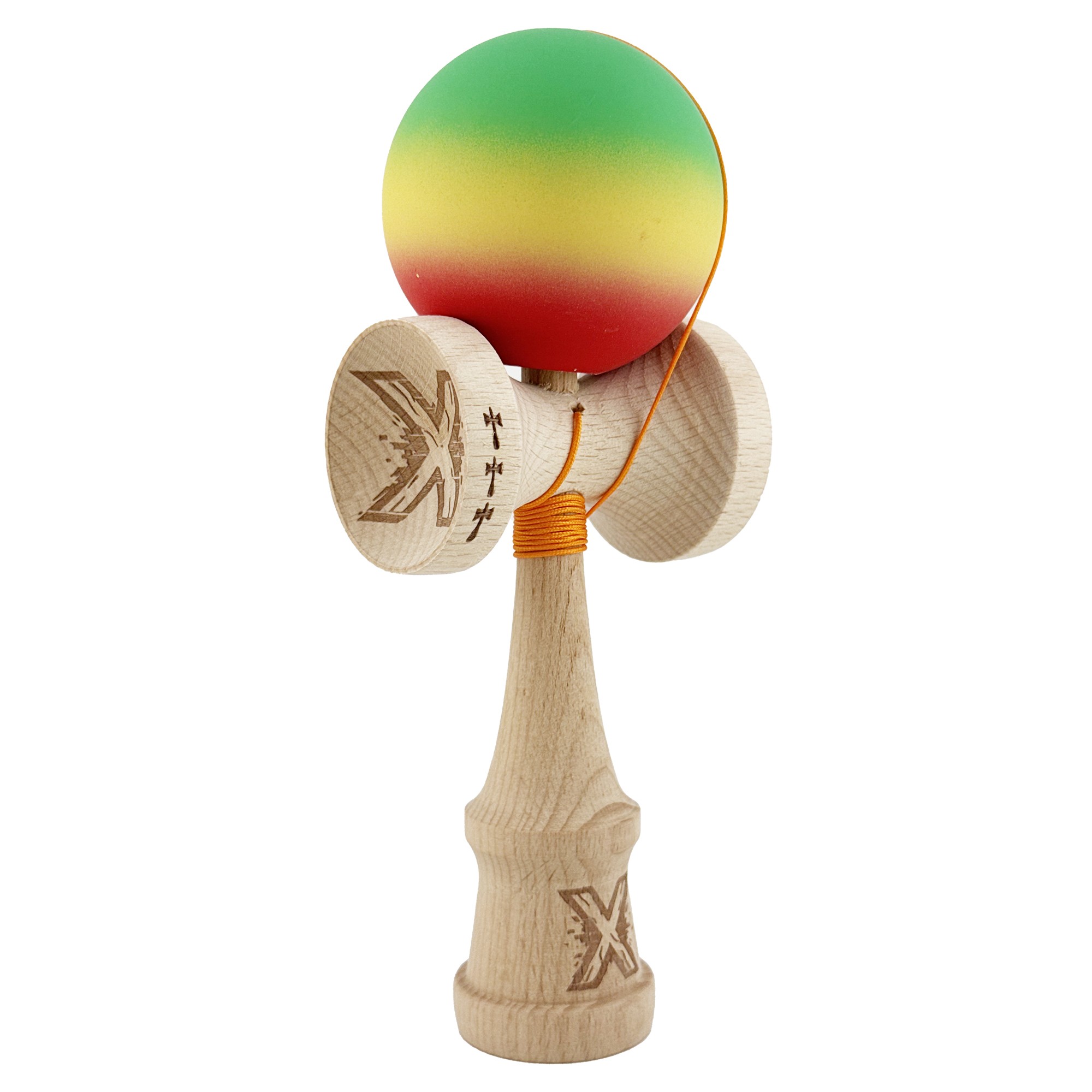 Kendama X Originala, Profesionala, Flippy, Big Cups V2, Rubber Grip cu Cupe Mari, Rulment Metalic cu Ata 55 cm, Verde/Galben/Rosu - imagine 2