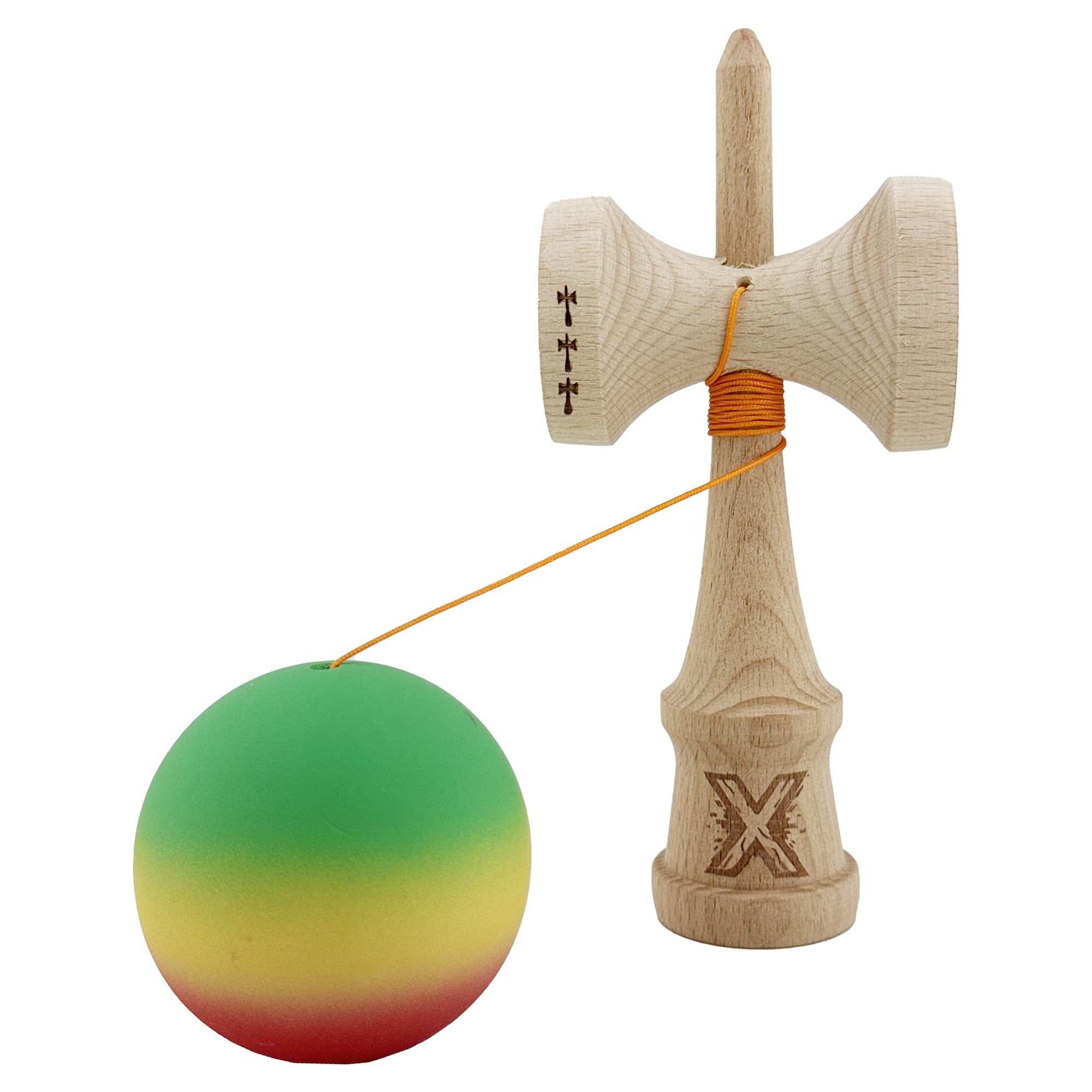 Kendama X Originala, Profesionala, Flippy, Big Cups V2, Rubber Grip cu Cupe Mari, Rulment Metalic cu Ata 55 cm, Verde/Galben/Rosu - imagine 3
