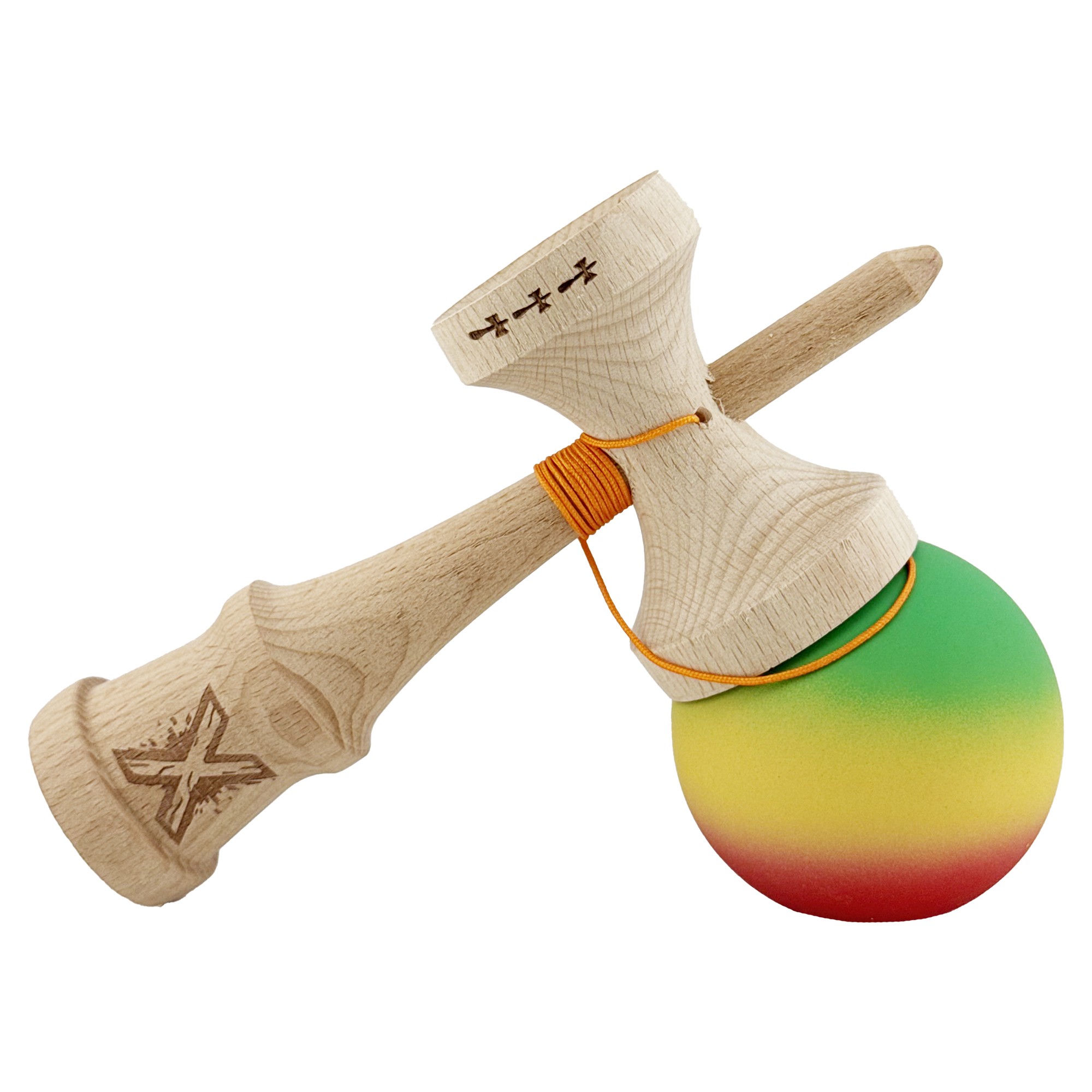 Kendama X Originala, Profesionala, Flippy, Big Cups V2, Rubber Grip cu Cupe Mari, Rulment Metalic cu Ata 55 cm, Verde/Galben/Rosu - imagine 4