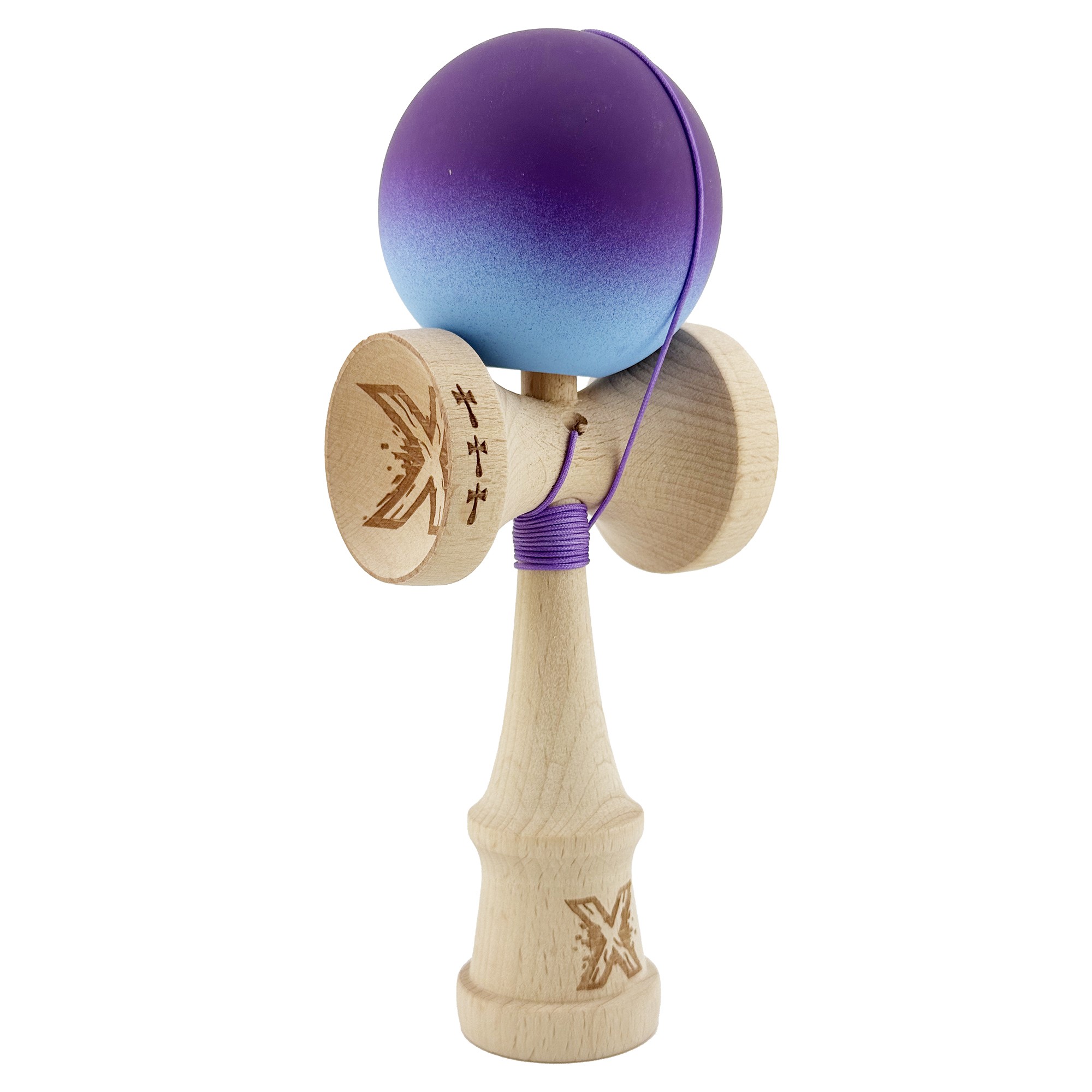 Kendama X Originala, Profesionala, Flippy, Big Cups V2, Rubber Grip cu Cupe Mari, Rulment Metalic cu Ata 55 cm, Violet/Albastru - imagine 2