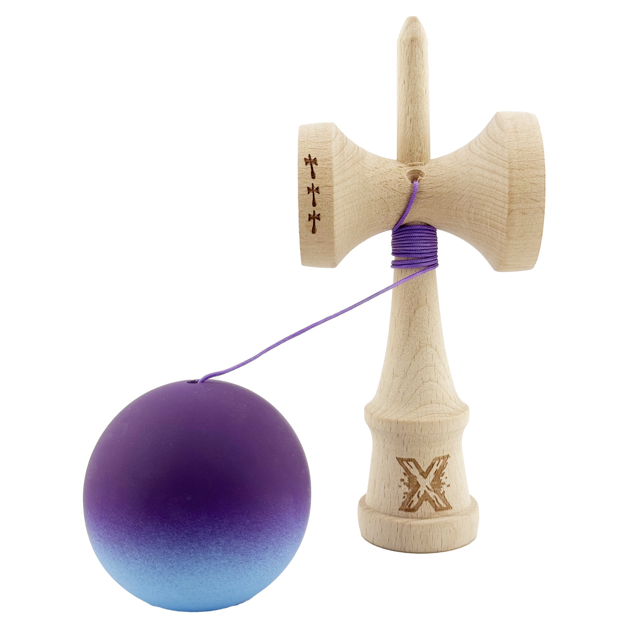 Kendama X Originala, Profesionala, Flippy, Big Cups V2, Rubber Grip cu Cupe Mari, Rulment Metalic cu Ata 55 cm, Violet/Albastru - imagine 3
