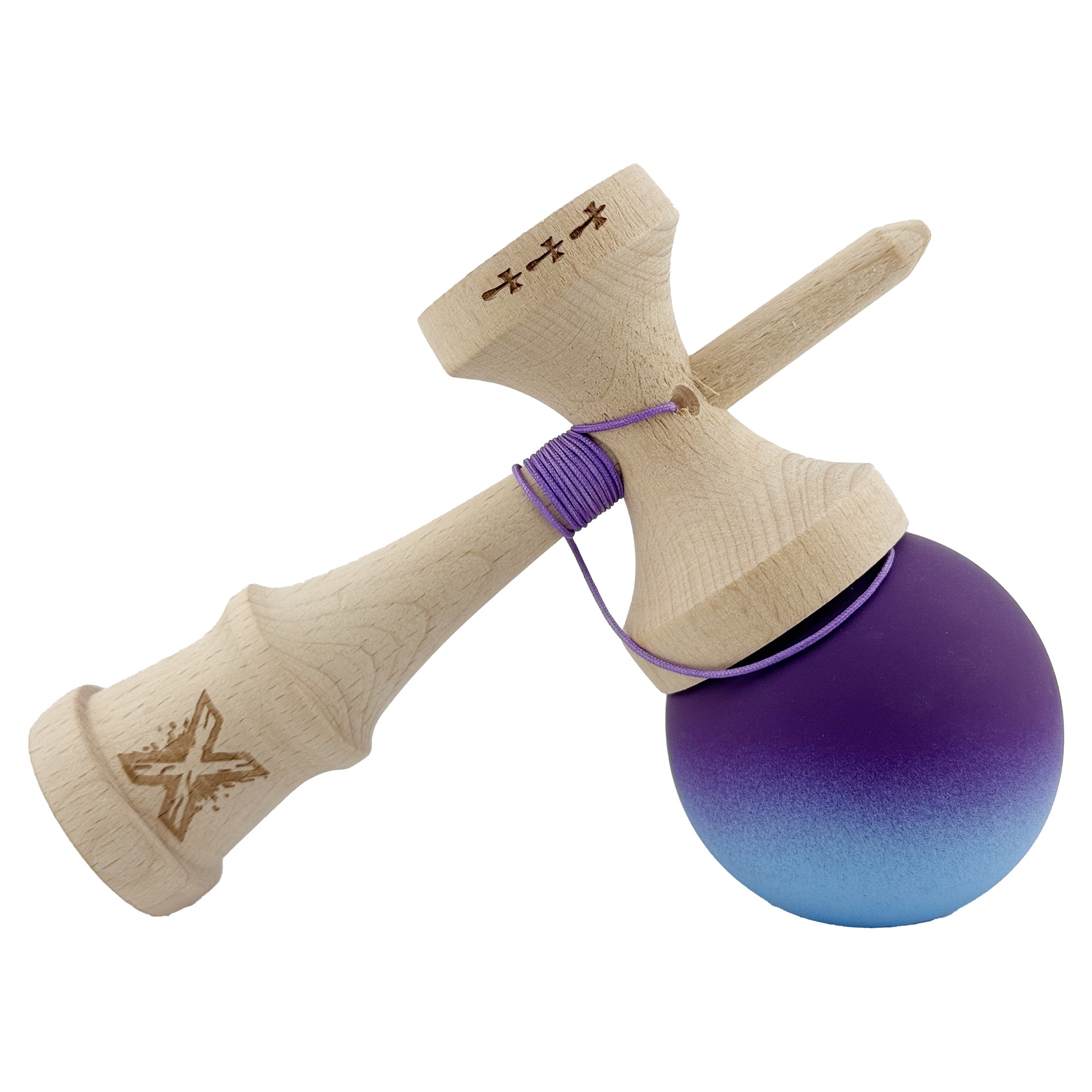 Kendama X Originala, Profesionala, Flippy, Big Cups V2, Rubber Grip cu Cupe Mari, Rulment Metalic cu Ata 55 cm, Violet/Albastru - imagine 4