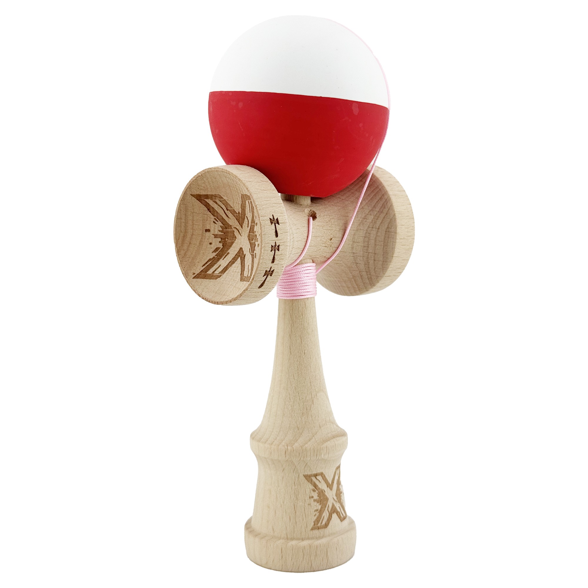 Kendama X Originala, Profesionala, Flippy, Big Cups V2, Rubber Grip cu Cupe Mari, Rulment Metalic cu Ata 55 cm, Alb/Rosu - imagine 2