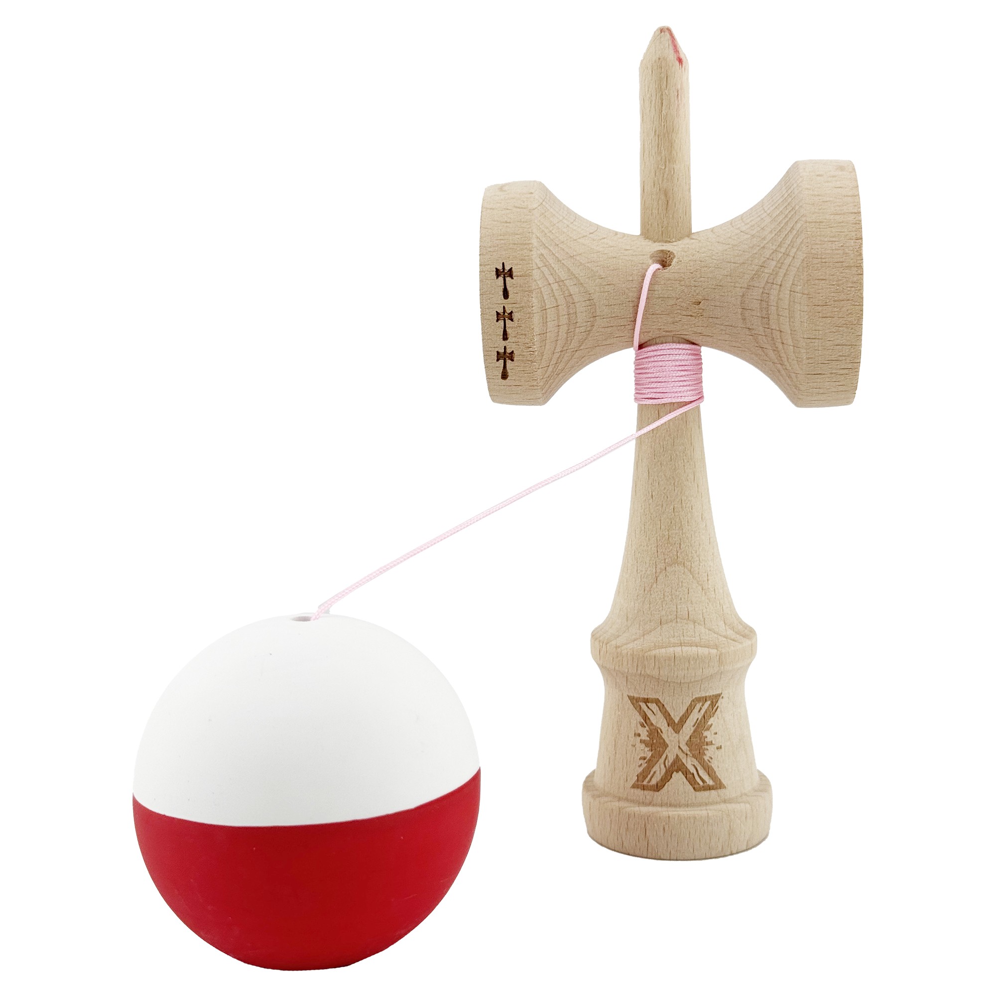 Kendama X Originala, Profesionala, Flippy, Big Cups V2, Rubber Grip cu Cupe Mari, Rulment Metalic cu Ata 55 cm, Alb/Rosu - imagine 3