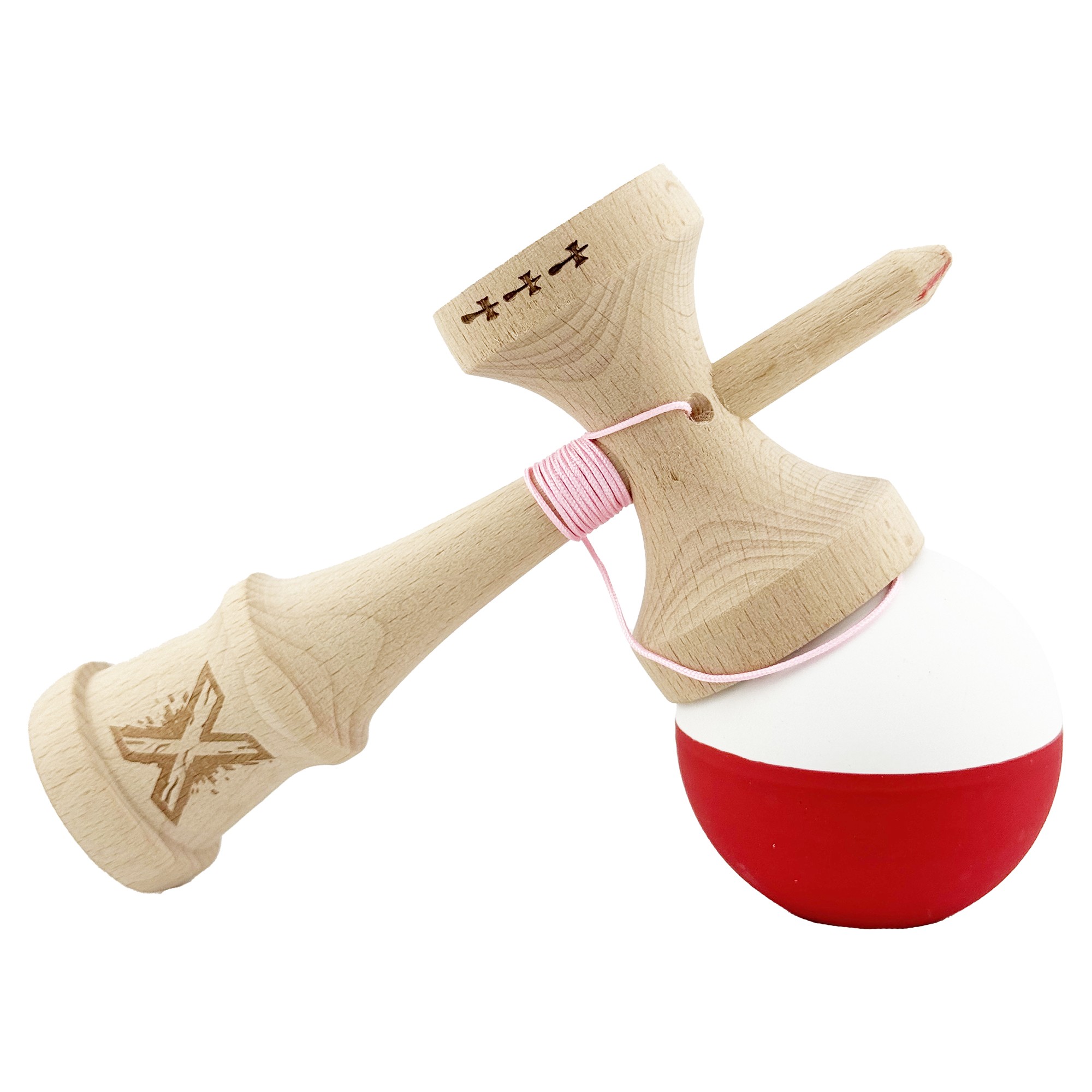 Kendama X Originala, Profesionala, Flippy, Big Cups V2, Rubber Grip cu Cupe Mari, Rulment Metalic cu Ata 55 cm, Alb/Rosu - imagine 4
