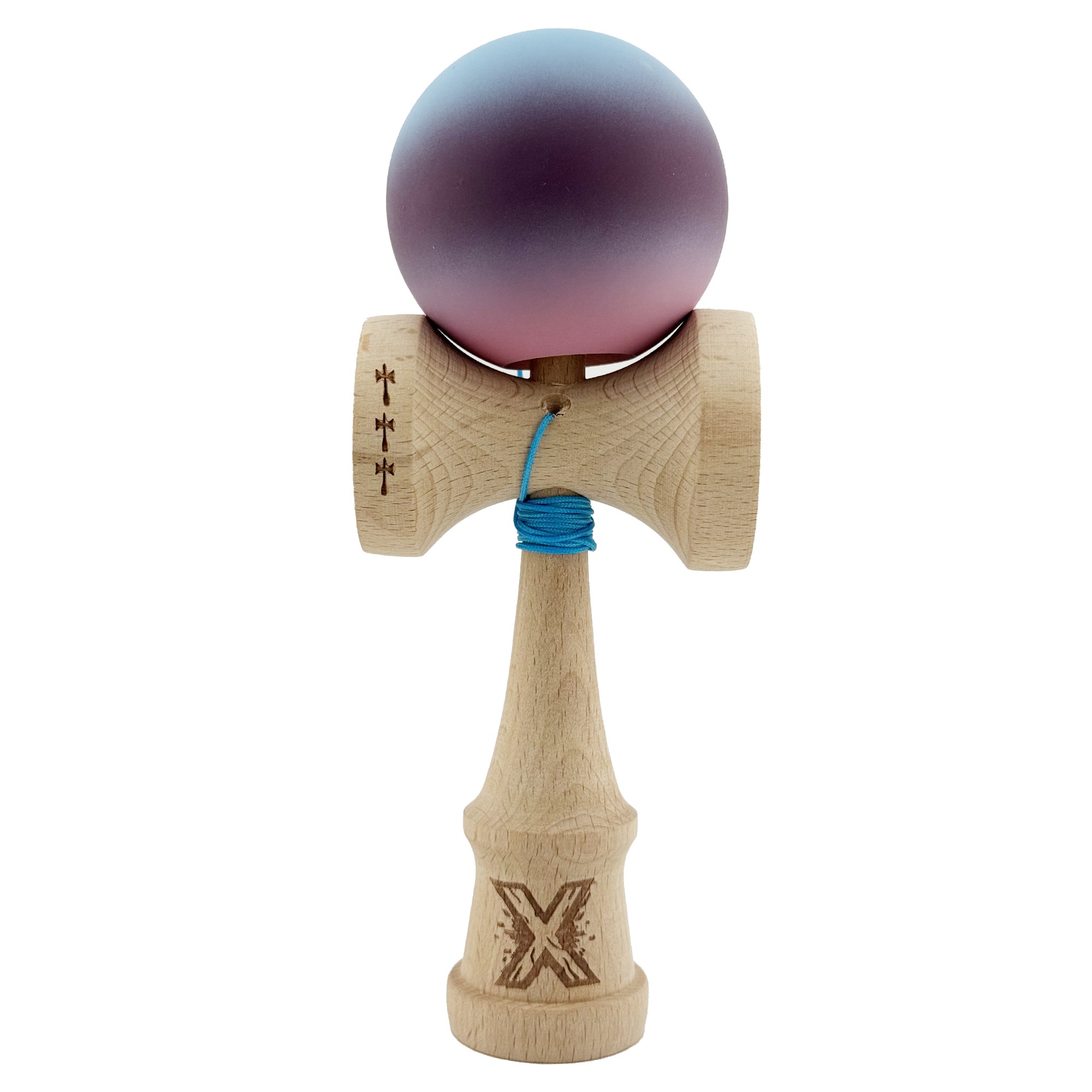 Kendama X Originala, Profesionala, Flippy, Big Cups V2, Rubber Grip cu Cupe Mari, Rulment Metalic cu Ata 55 cm, Gradient Albastru/Mov/Roz