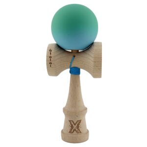 Kendama X Originala, Profesionala, Flippy, Big Cups V2, Rubber Grip cu Cupe Mari, Rulment Metalic cu Ata 55 cm, Verde/Albastru