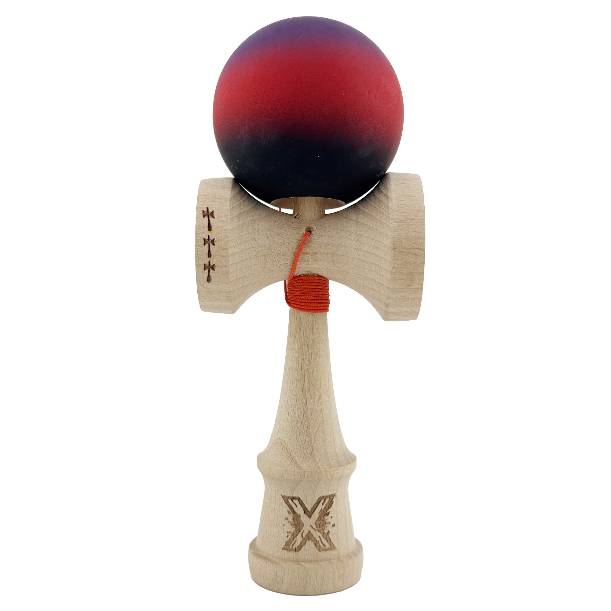 Kendama X Originala, Profesionala, Flippy, Big Cups V2, Rubber Grip cu Cupe Mari, Rulment Metalic cu Ata 55 cm, Mov/Rosu/Negru