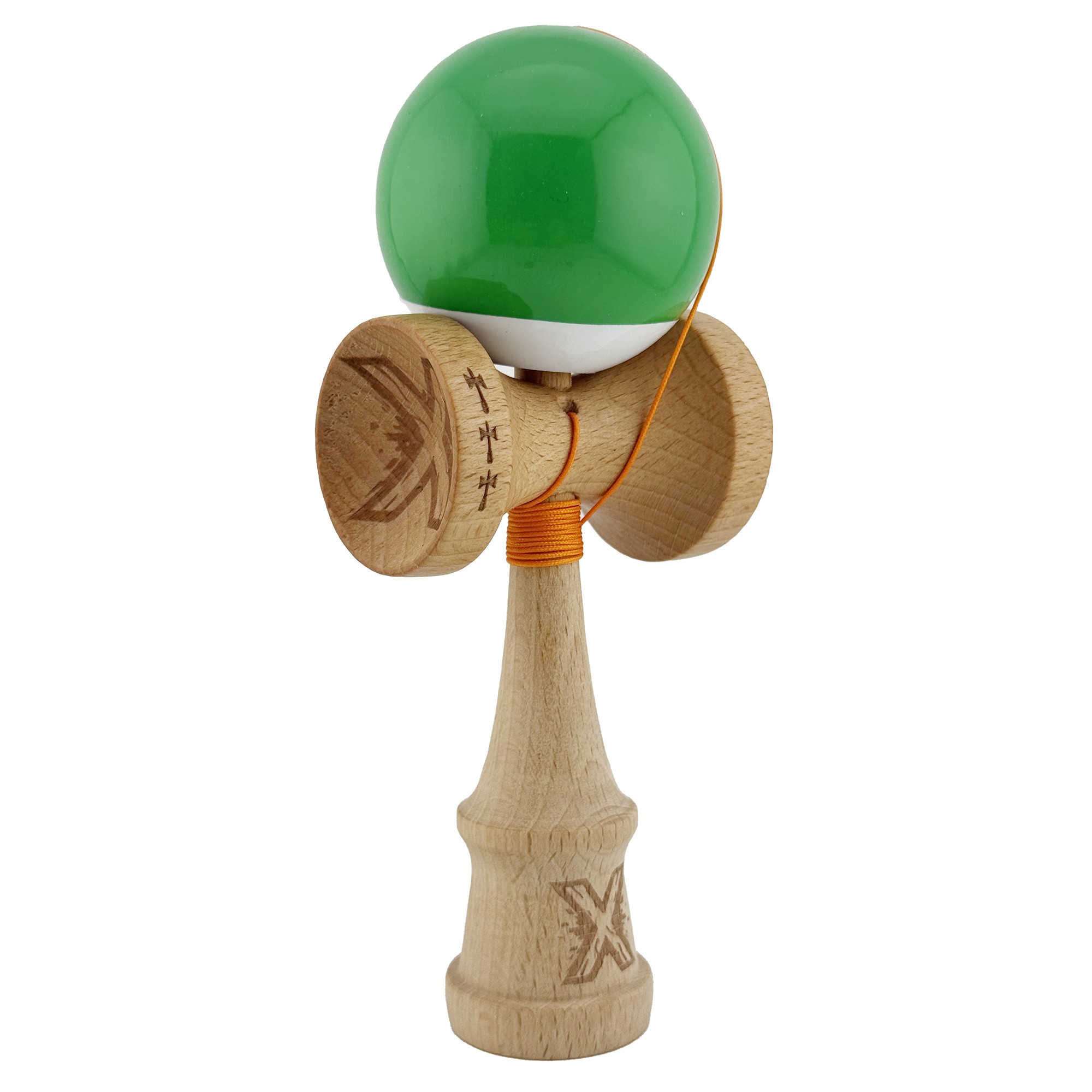 Kendama X Originala, Profesionala, Flippy, Big Cups V2, Super Sticky cu Cupe Mari, din lemn 18 cm, Rulment Metalic cu Ata 55 cm, Verde/Alb - imagine 2