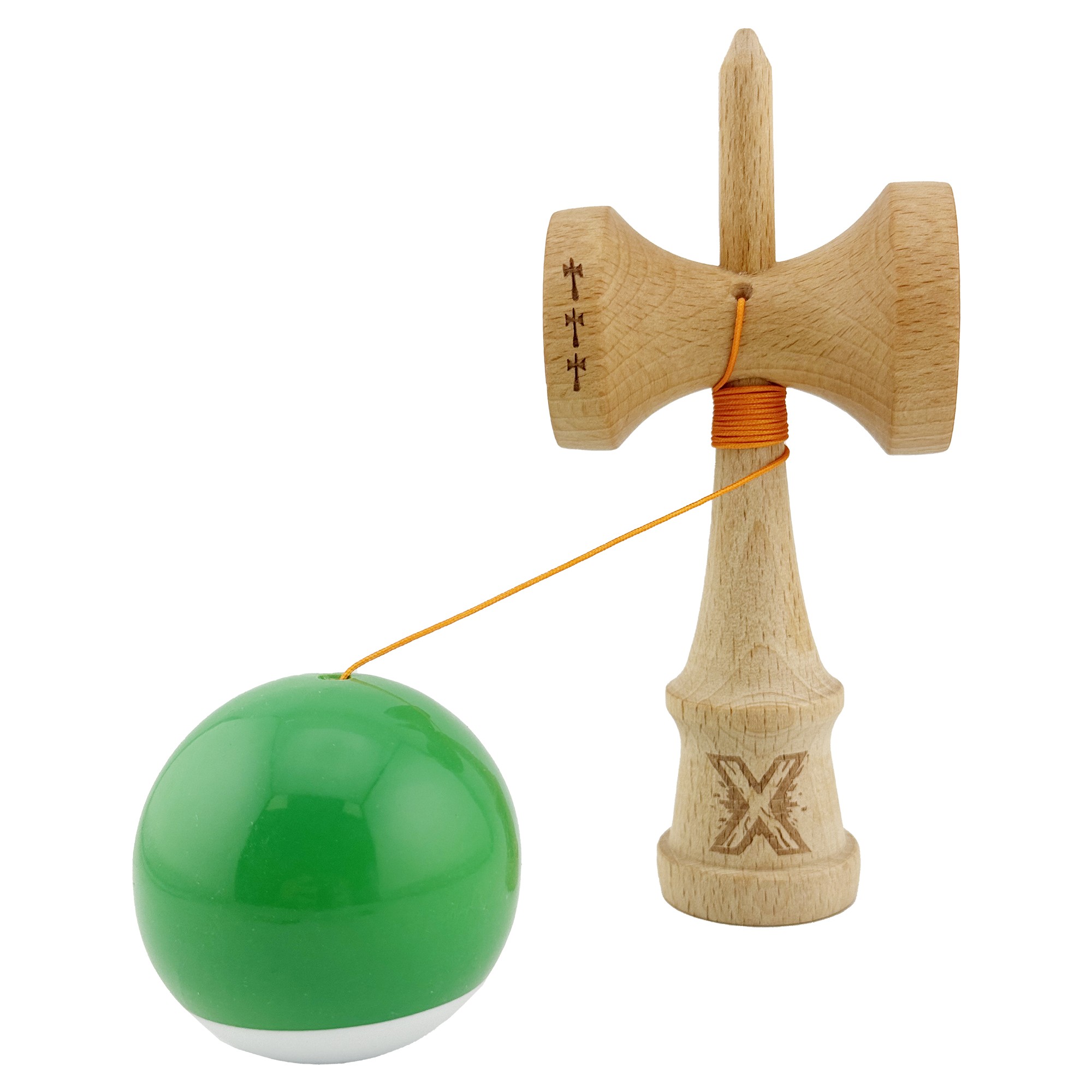 Kendama X Originala, Profesionala, Flippy, Big Cups V2, Super Sticky cu Cupe Mari, din lemn 18 cm, Rulment Metalic cu Ata 55 cm, Verde/Alb - imagine 3