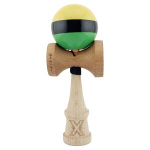Kendama X Originala, Profesionala, Flippy, Big Cups V2, Super Sticky cu Cupe Mari, din lemn 18 cm, Rulment Metalic cu Ata 55 cm, Galben/Negru/Verde