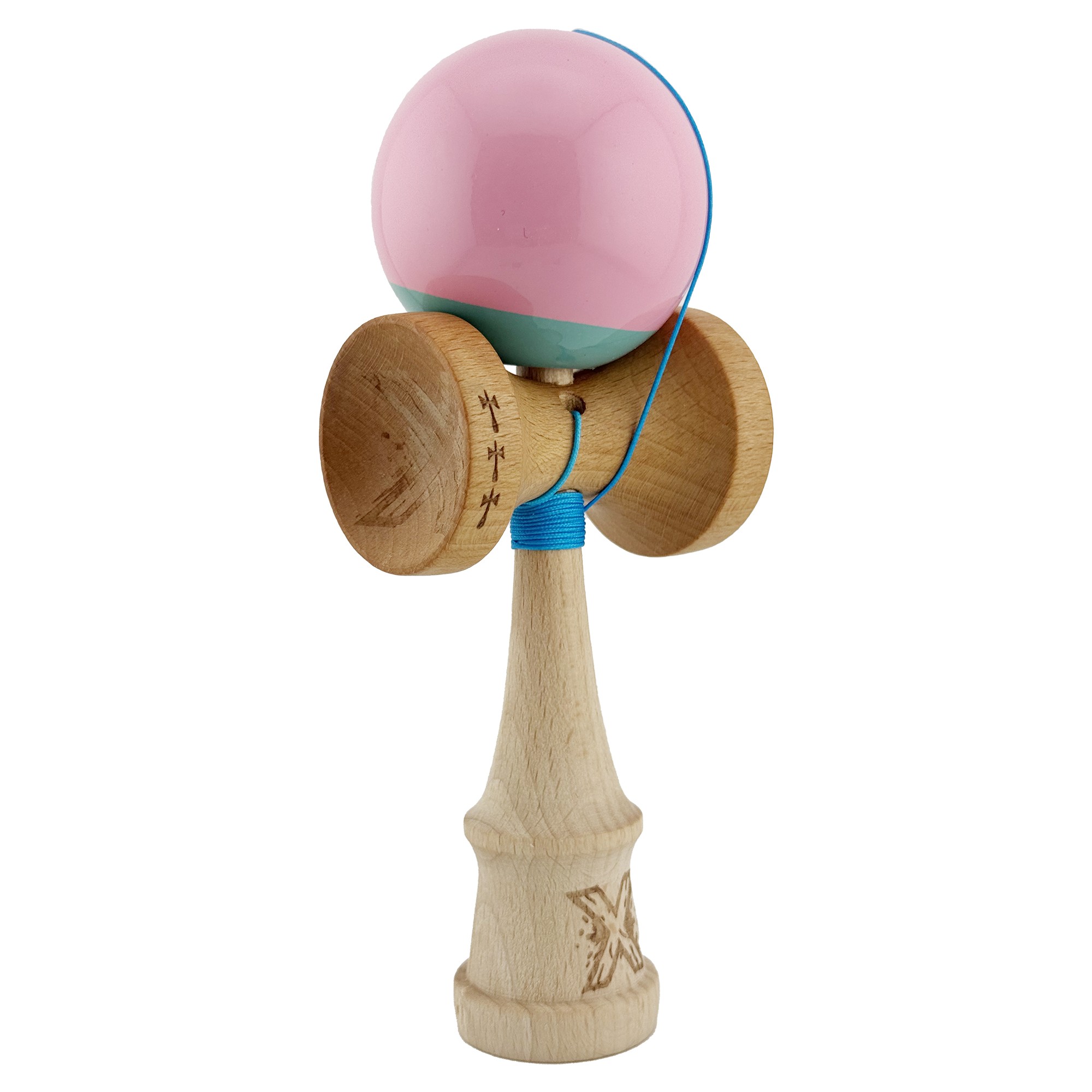 Kendama X Originala, Profesionala, Flippy, Big Cups V2, Super Sticky cu Cupe Mari, Rulment Metalic, din lemn 18 cm, Ata 55 cm, Roz/Verde - imagine 2