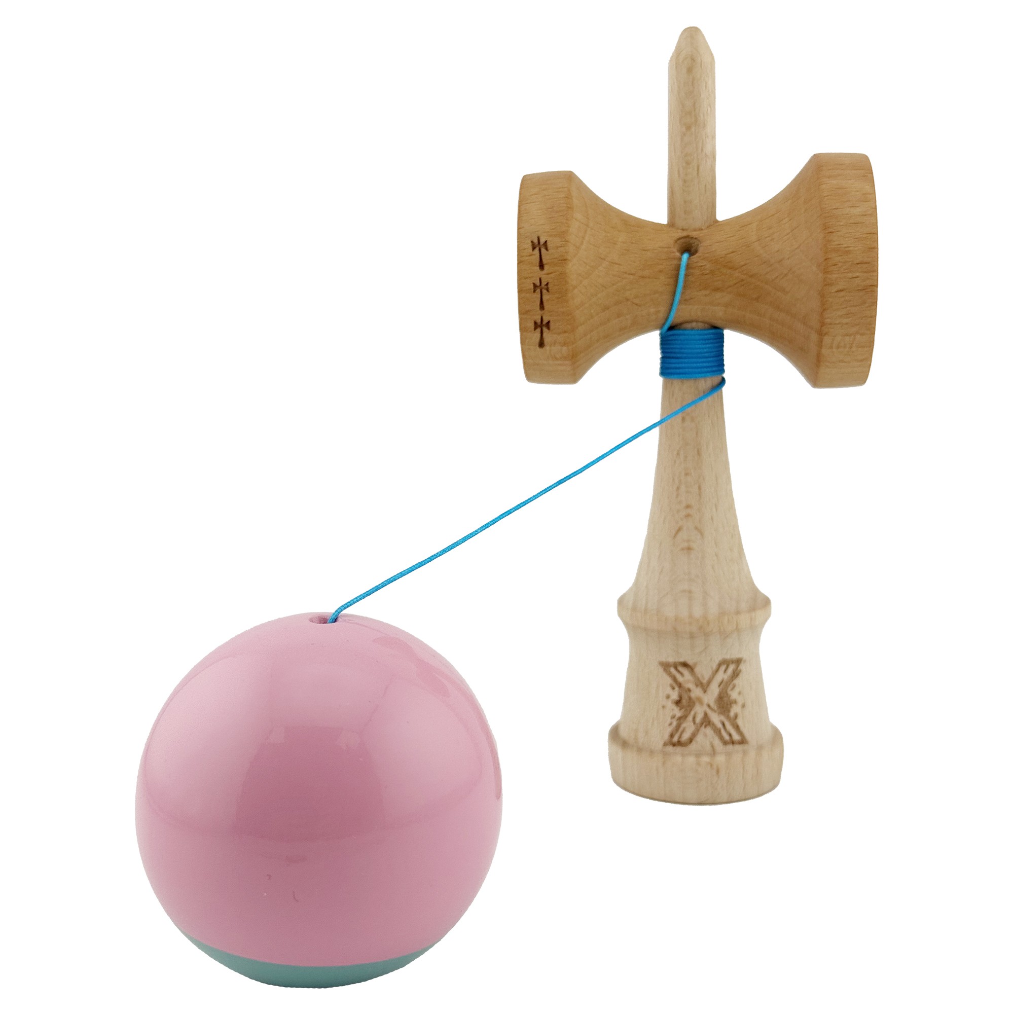 Kendama X Originala, Profesionala, Flippy, Big Cups V2, Super Sticky cu Cupe Mari, Rulment Metalic, din lemn 18 cm, Ata 55 cm, Roz/Verde - imagine 3