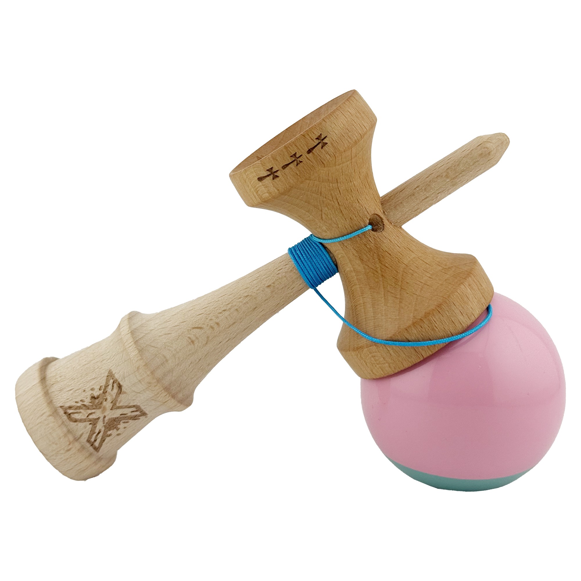Kendama X Originala, Profesionala, Flippy, Big Cups V2, Super Sticky cu Cupe Mari, Rulment Metalic, din lemn 18 cm, Ata 55 cm, Roz/Verde - imagine 4