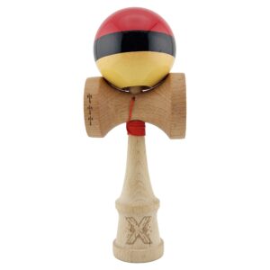 Kendama X Originala, Profesionala, Flippy, Big Cups V2, Super Sticky cu Cupe Mari, Rulment Metalic, din lemn 18 cm, Ata 55 cm, Rosu/Negru/Galben