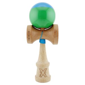 Kendama X Originala, Profesionala, Flippy, Big Cups V2, Super Sticky cu Cupe Mari, Rulment Metalic, din lemn 18 cm, Ata 55 cm, Albastru/Verde