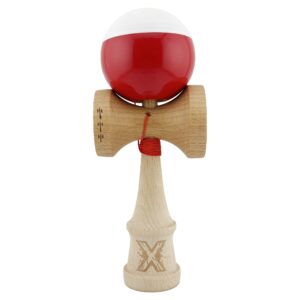 Kendama X Originala, Profesionala, Flippy, Big Cups V2, Super Sticky cu Cupe Mari, Rulment Metalic, din lemn 18 cm, Ata 55 cm, Alb/Rosu