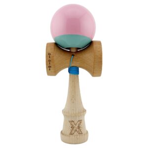 Kendama X Originala, Profesionala, Flippy, Big Cups V2, Super Sticky cu Cupe Mari, Rulment Metalic, din lemn 18 cm, Ata 55 cm, Roz/Verde