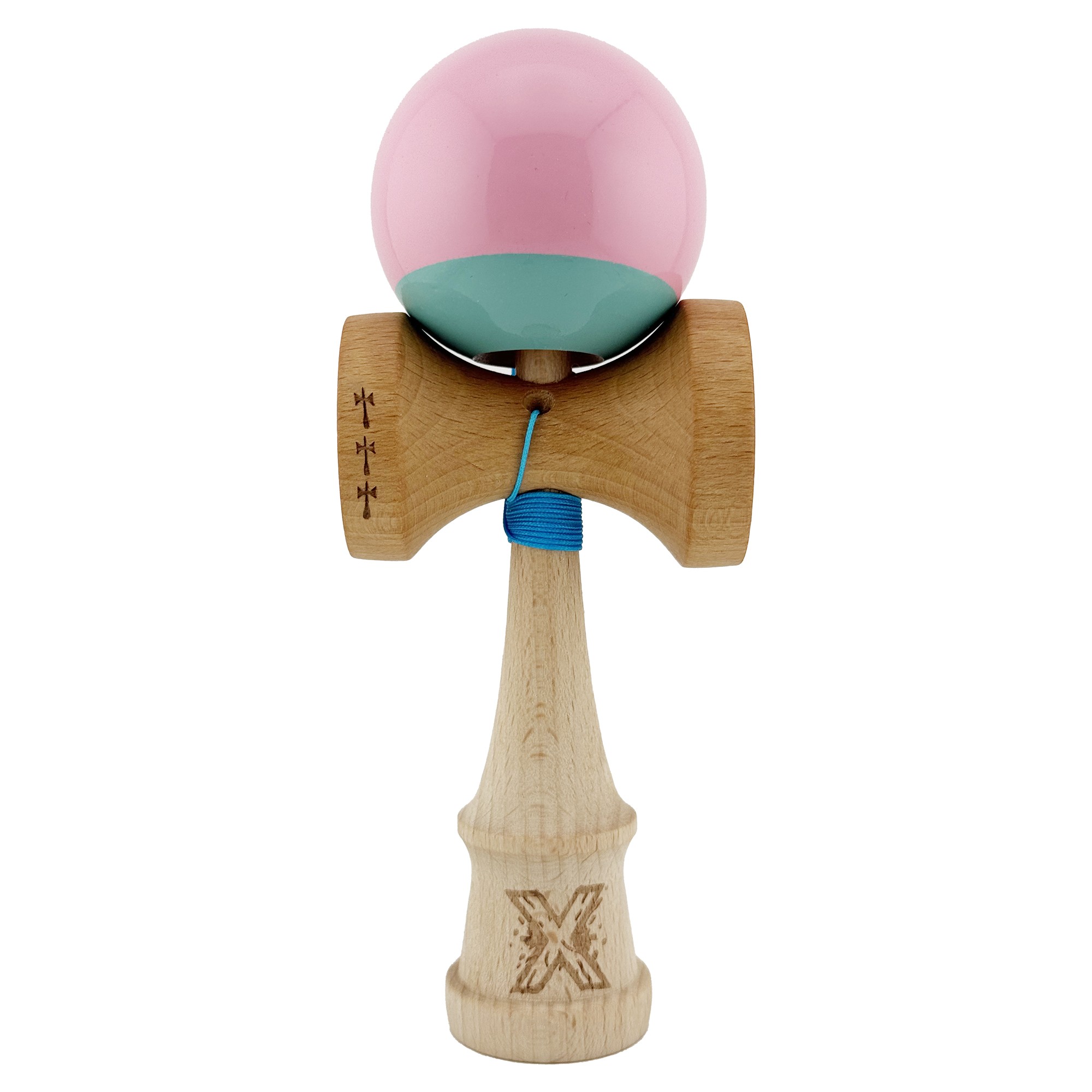 Kendama X Originala, Profesionala, Flippy, Big Cups V2, Super Sticky cu Cupe Mari, Rulment Metalic, din lemn 18 cm, Ata 55 cm, Roz/Verde