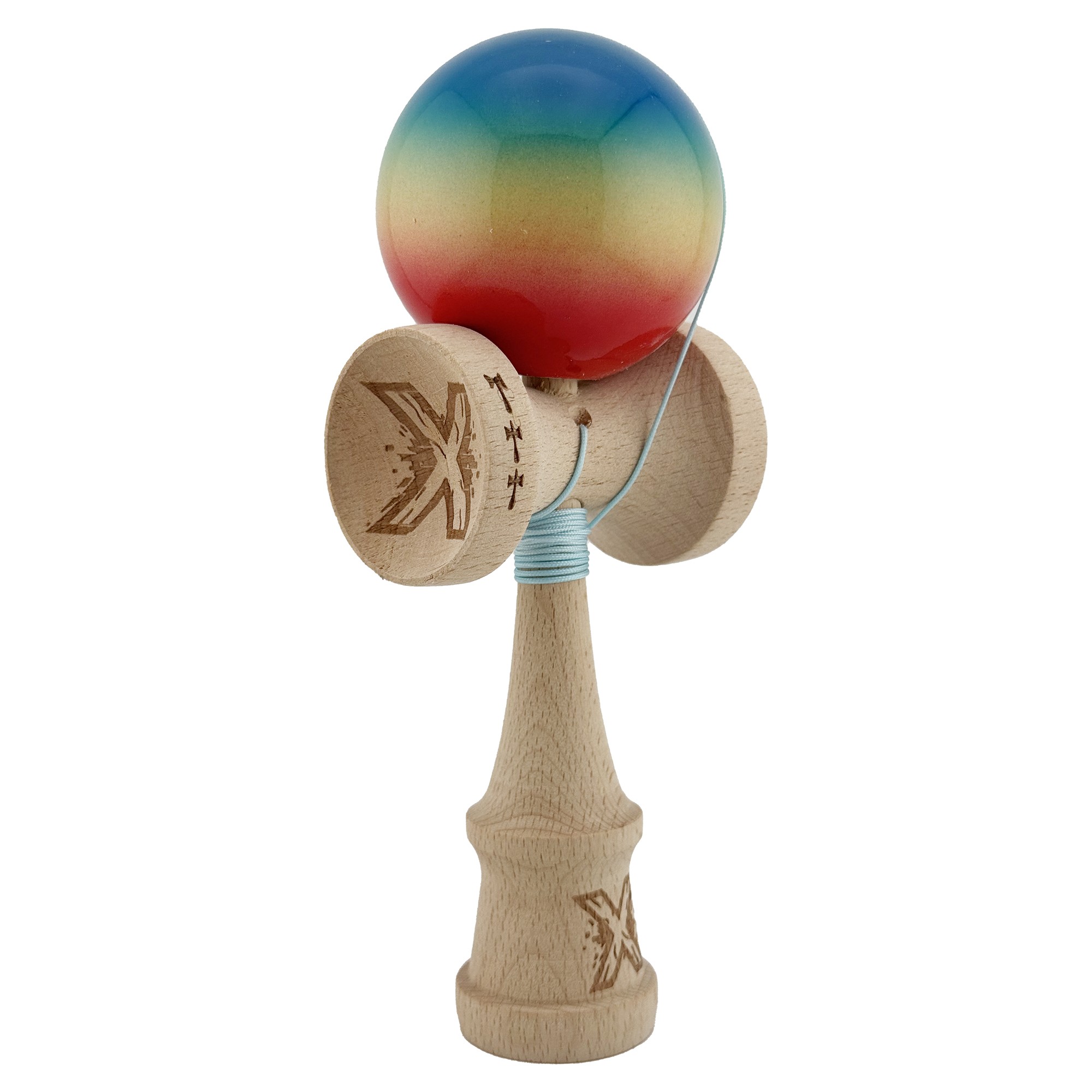 Kendama X Originala, Profesionala, Flippy, Big Cups V2, Super Sticky Cupe Mari, Rulment Metalic cu Ata 55 cm, Rosu/Galben/Albastru - imagine 2