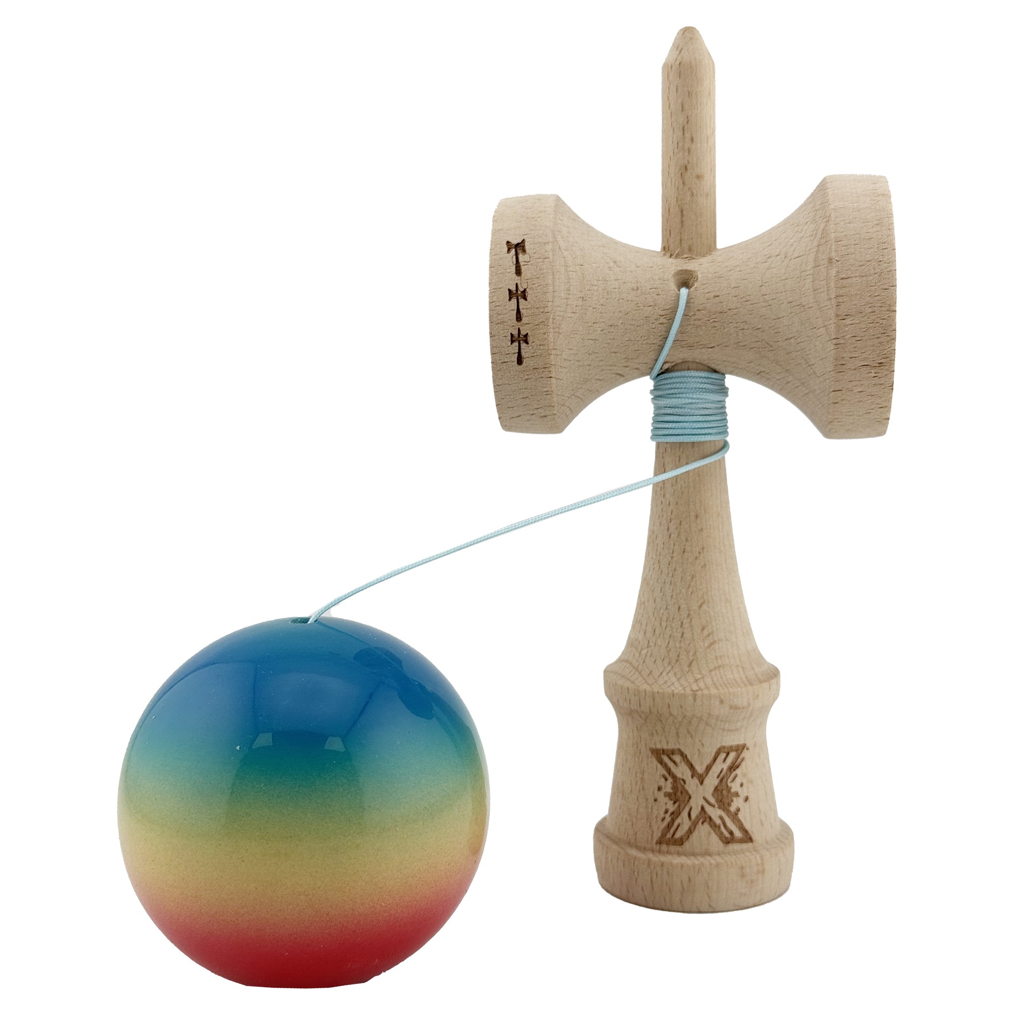 Kendama X Originala, Profesionala, Flippy, Big Cups V2, Super Sticky Cupe Mari, Rulment Metalic cu Ata 55 cm, Rosu/Galben/Albastru - imagine 3